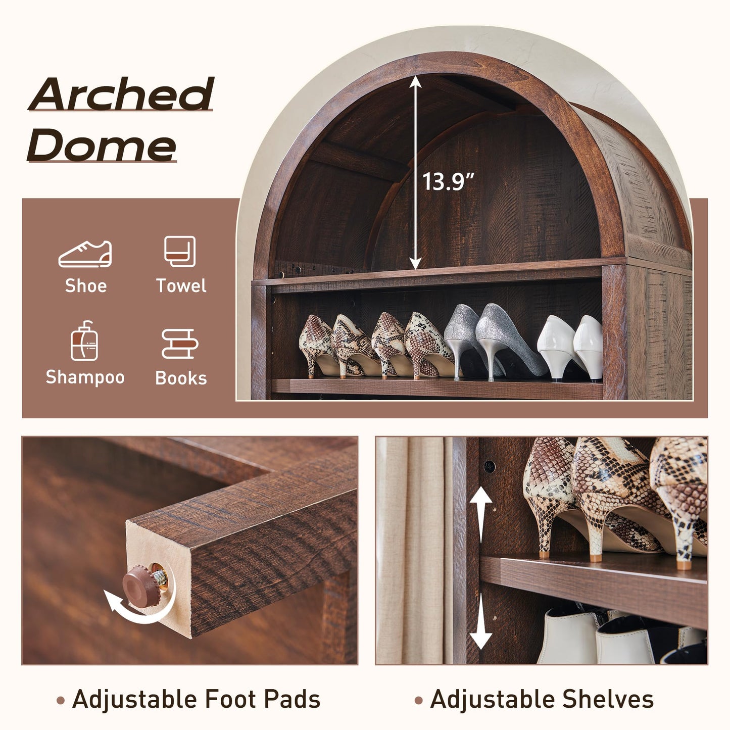 71" Tall Arched Bookshelf, 7 Tiers Arch Bookcase with Storage