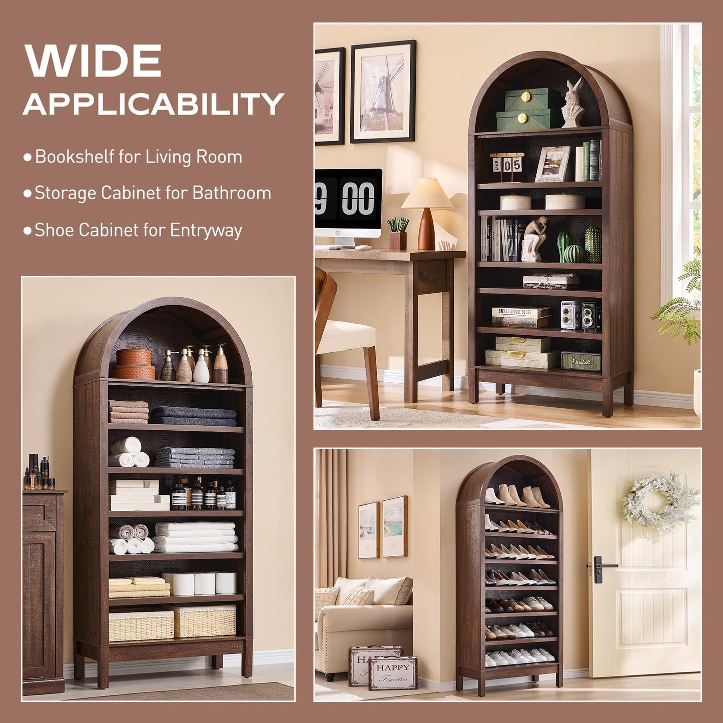 71" Tall Arched Bookshelf, 7 Tiers Arch Bookcase with Storage