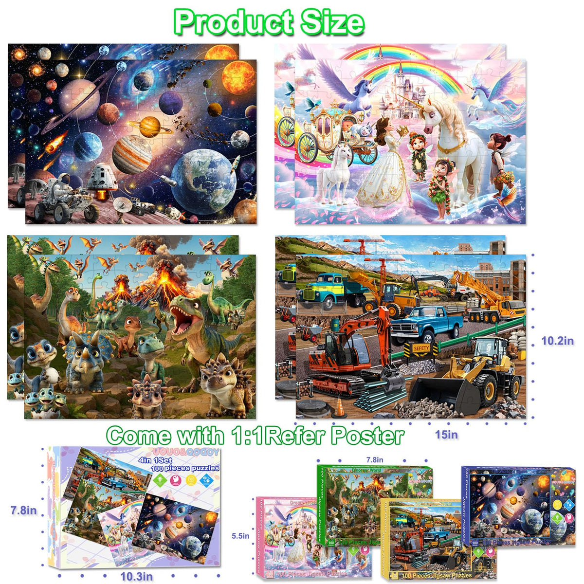 4 Packs 100 Piece Puzzles- space, unicorn dinosaur, equipment
