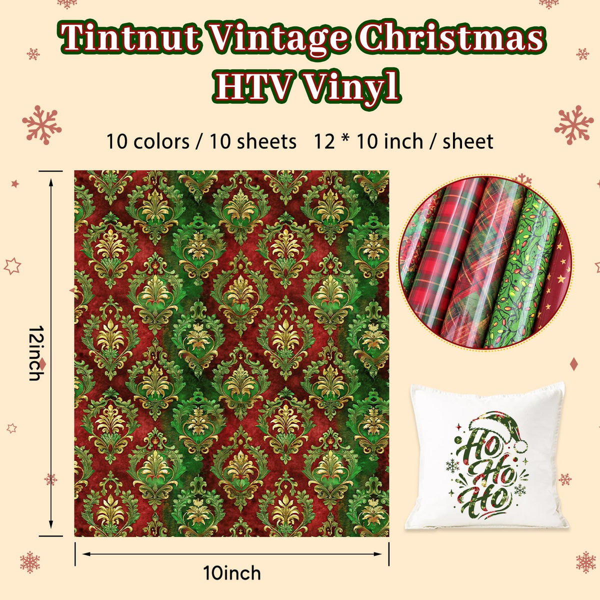 Tintnut Rich Christmas Heat Transfer Vinyl,10 Pcs 12×10in Iron on Vinyl