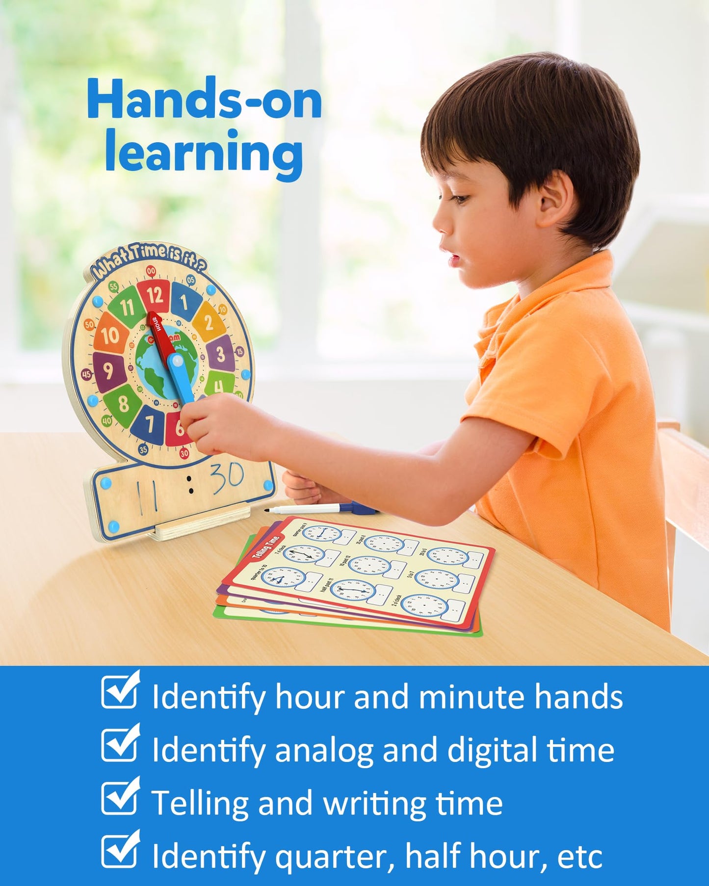 Coogam Wooden Clock Teaching Time, Analog Digital Clock