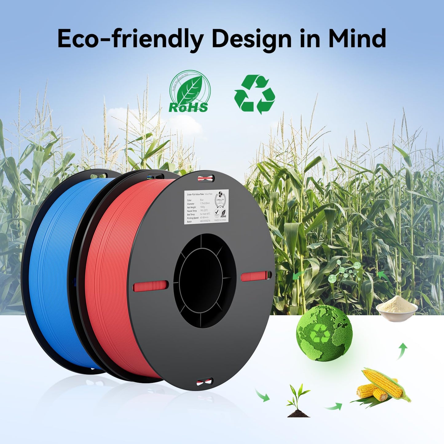 Creality PLA Filament 1.75mm PLA 3D Printer Filament, 2kg Cardboard Spool (4.4lbs), (Red & Blue 2-Pack)