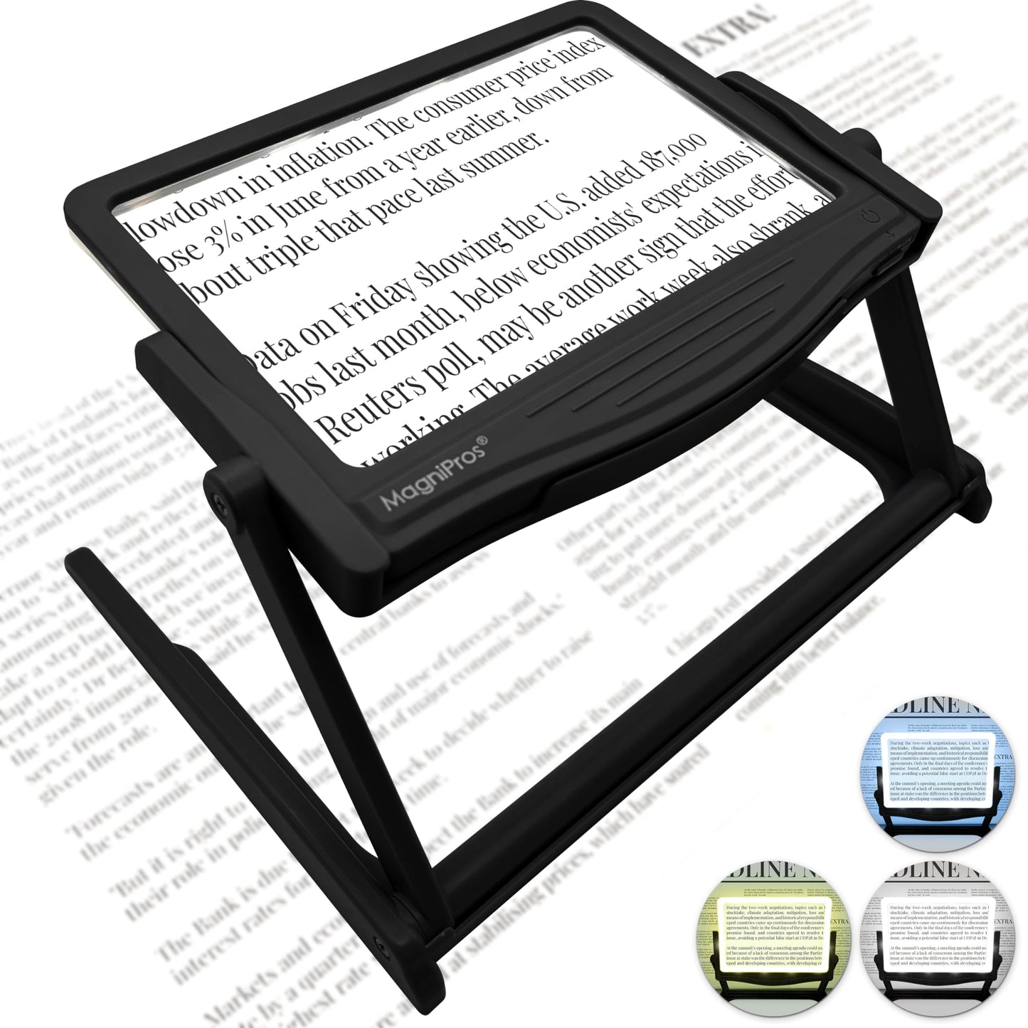 MAGNIPROS Patented 5X Large LED Page Magnifier with Detachable Stand