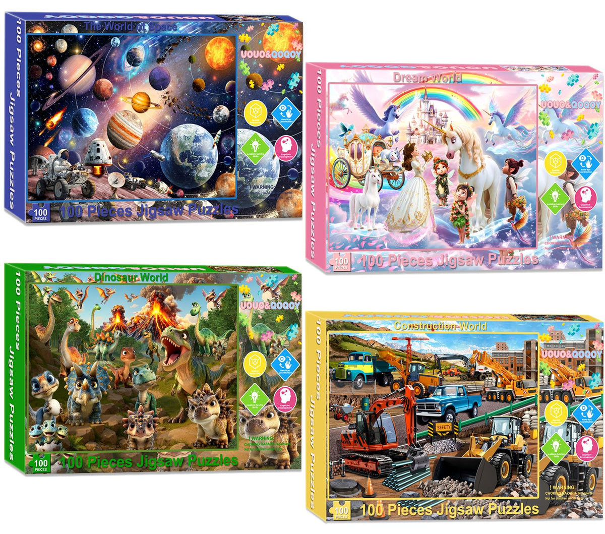 4 Packs 100 Piece Puzzles- space, unicorn dinosaur, equipment