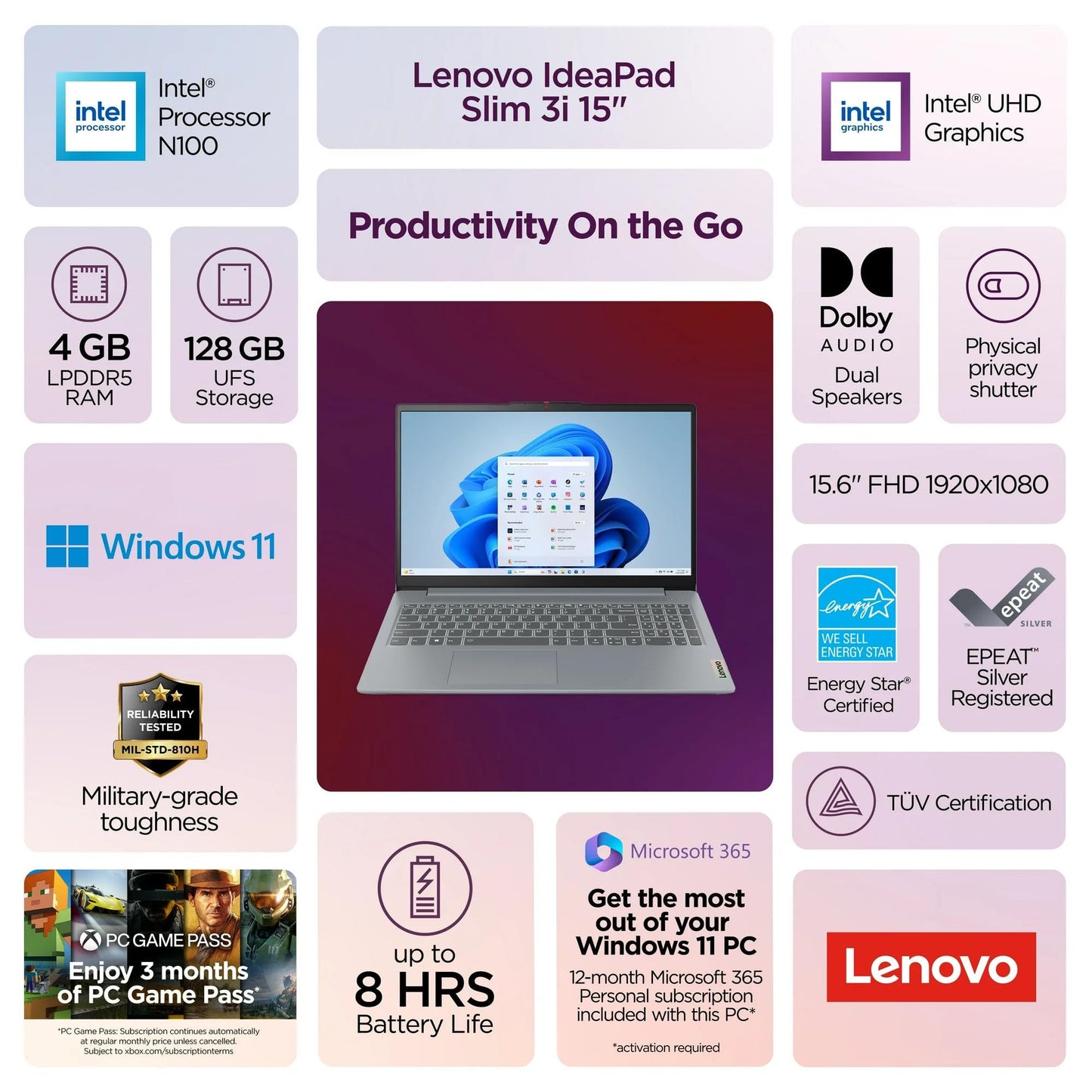 Lenovo IdeaPad Slim 3i • 15.6" FHD Laptop with Microsoft Office 365 • Intel 4 Cores • 128GB SSDetup, Lightweight • Win 11