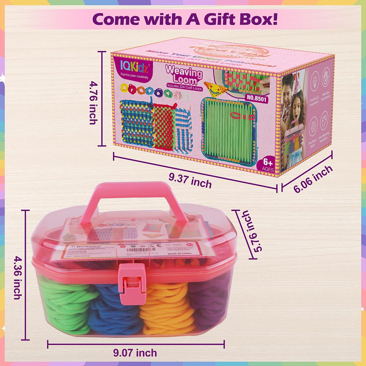 IQKidz Weaving Loom Kit, Easy Potholder Loom Knitting Activity for Beginners, 224 Craft Loops