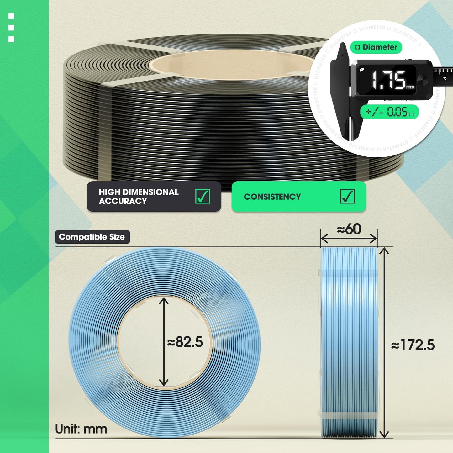 eSUN PLA Basic Refill Filament, Holly Green 1.75mm 1KG, 3D Printer Filament