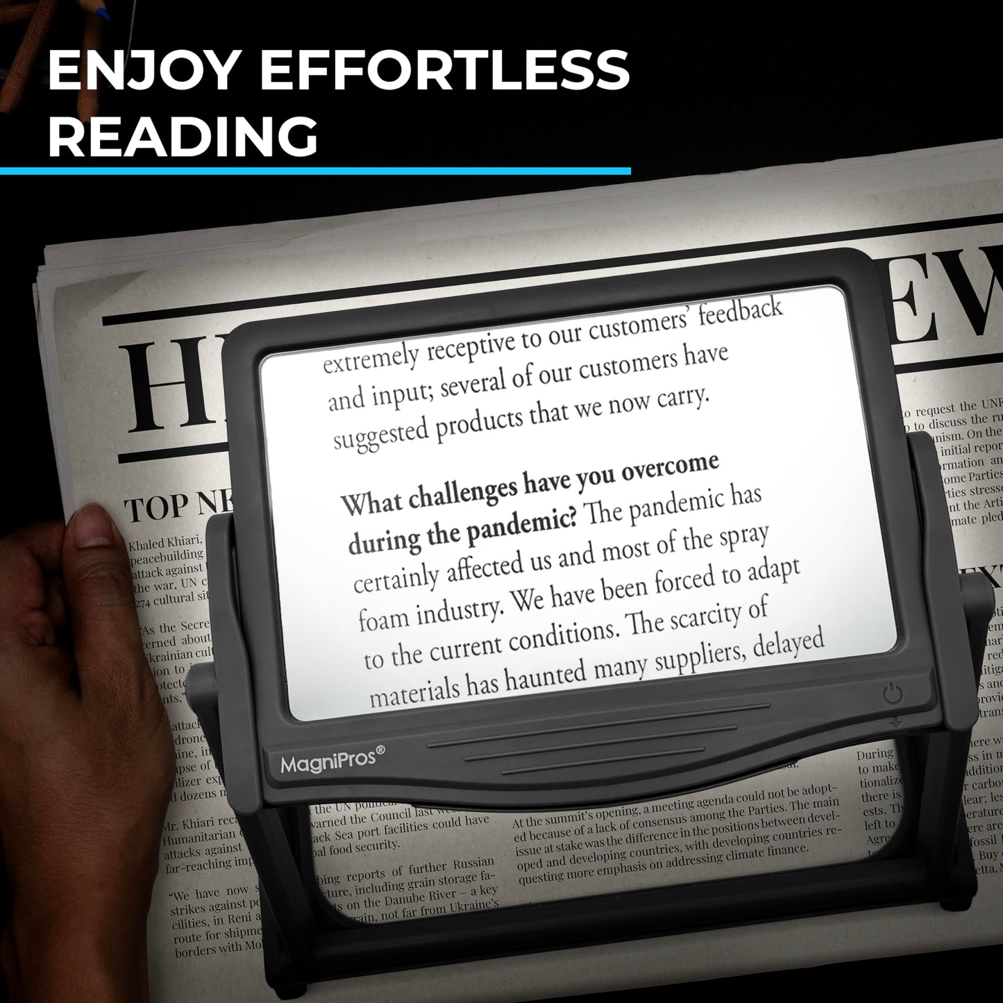 MAGNIPROS Patented 5X Large LED Page Magnifier with Detachable Stand