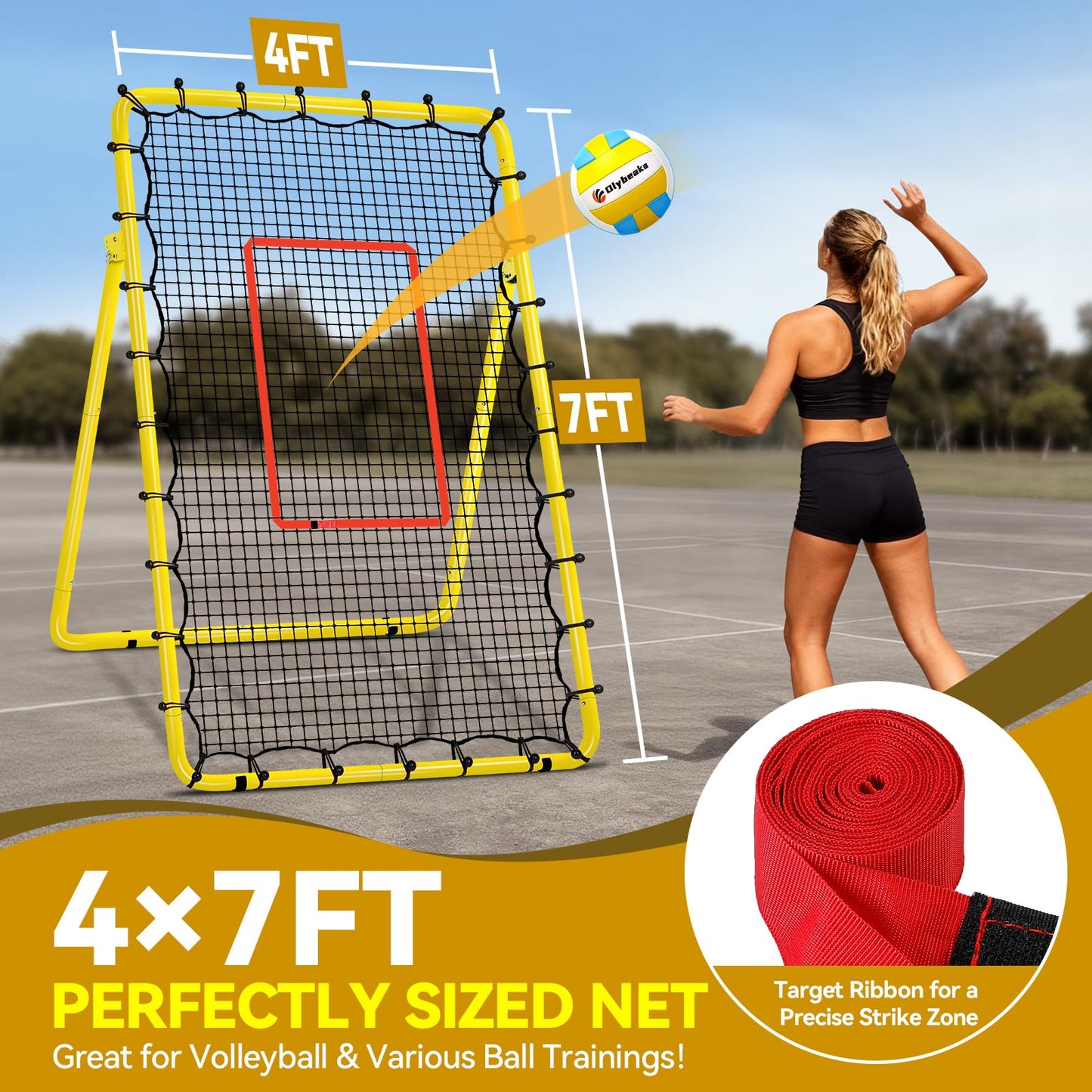 Adjustable Volleyball Rebounder Net 7x4 ft with PU Volleyball and Stakes