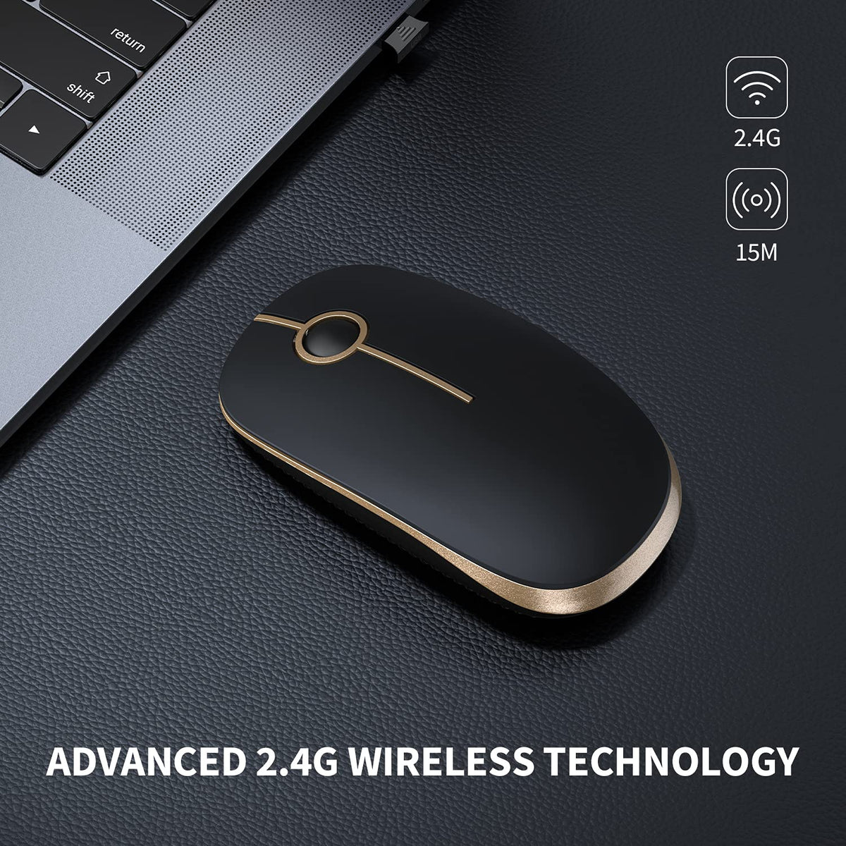VssoPlor Wireless Mouse, 2.4G Slim Computer Laptop Mouse, Black and Gold