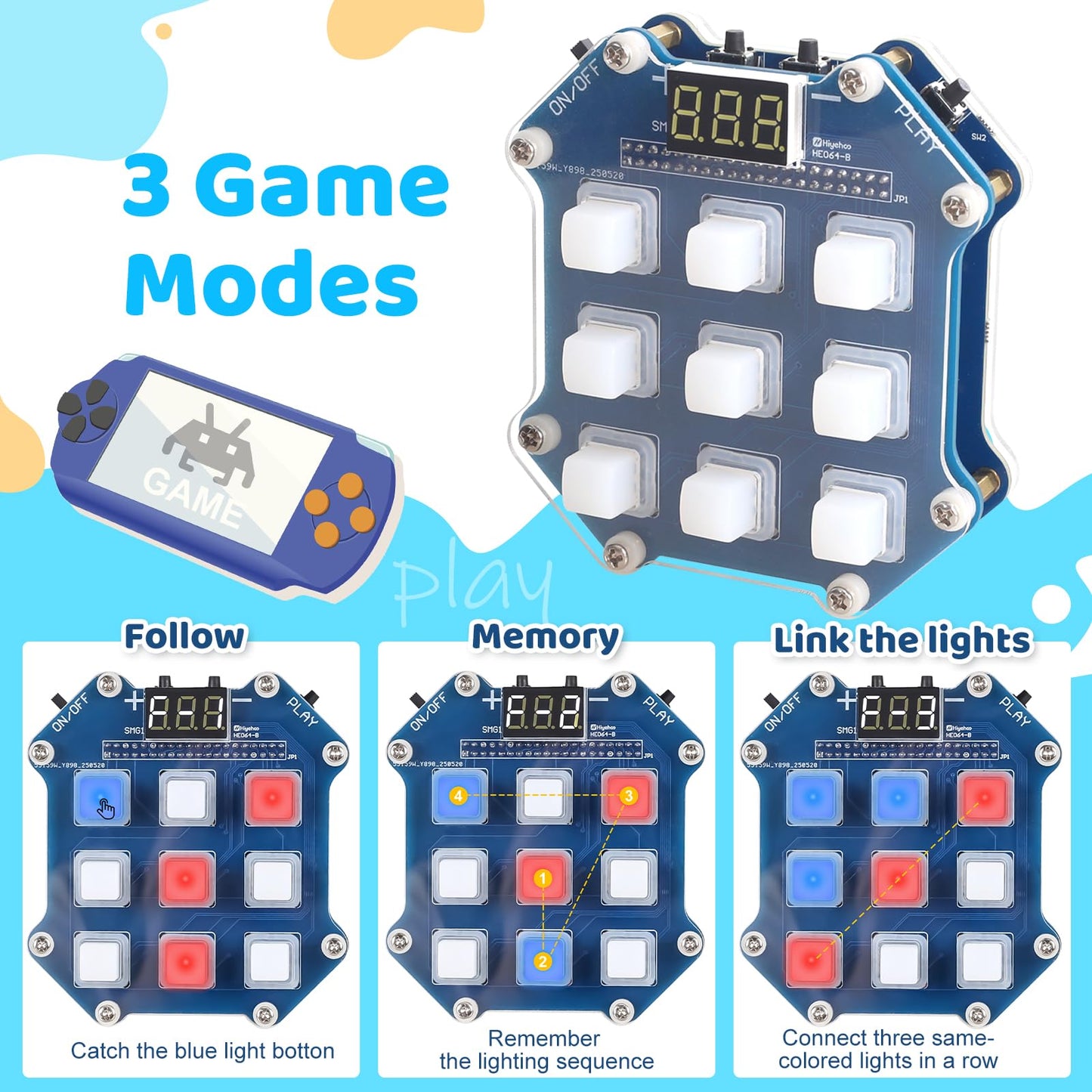 DIY Electronic Game Kit, 3-in-1 LED Game Soldering Project with Memory, Speed & Reaction Modes, Interactive STEM Soldering Practice Kit