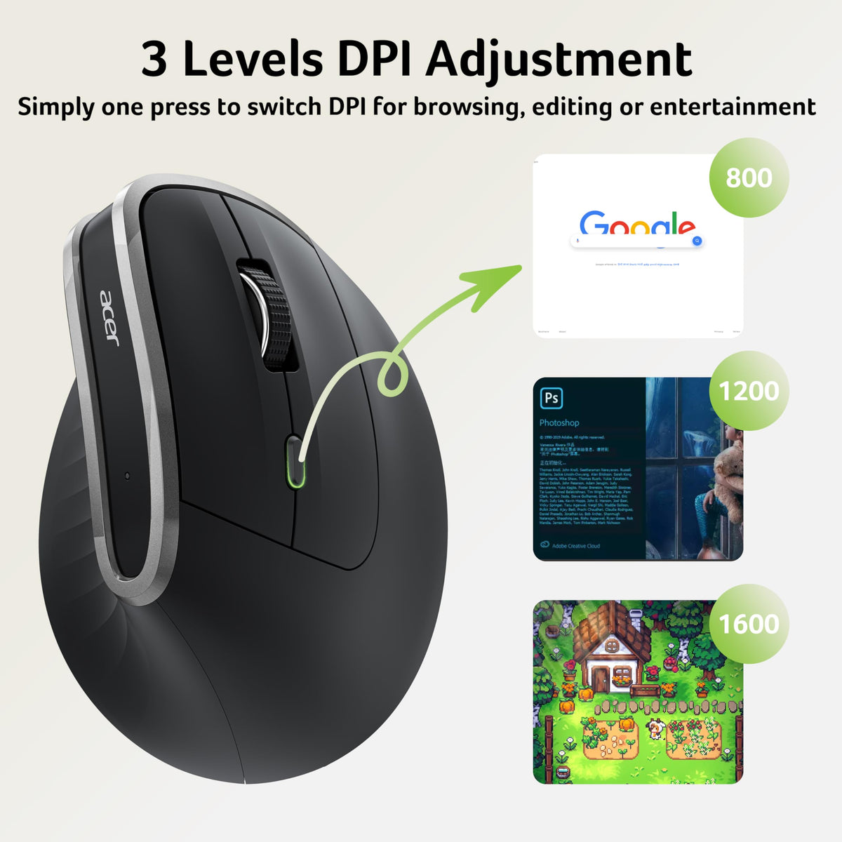 Acer Ergonomic Mouse Wireless, Vertical Computer Mouse for Laptop, PC