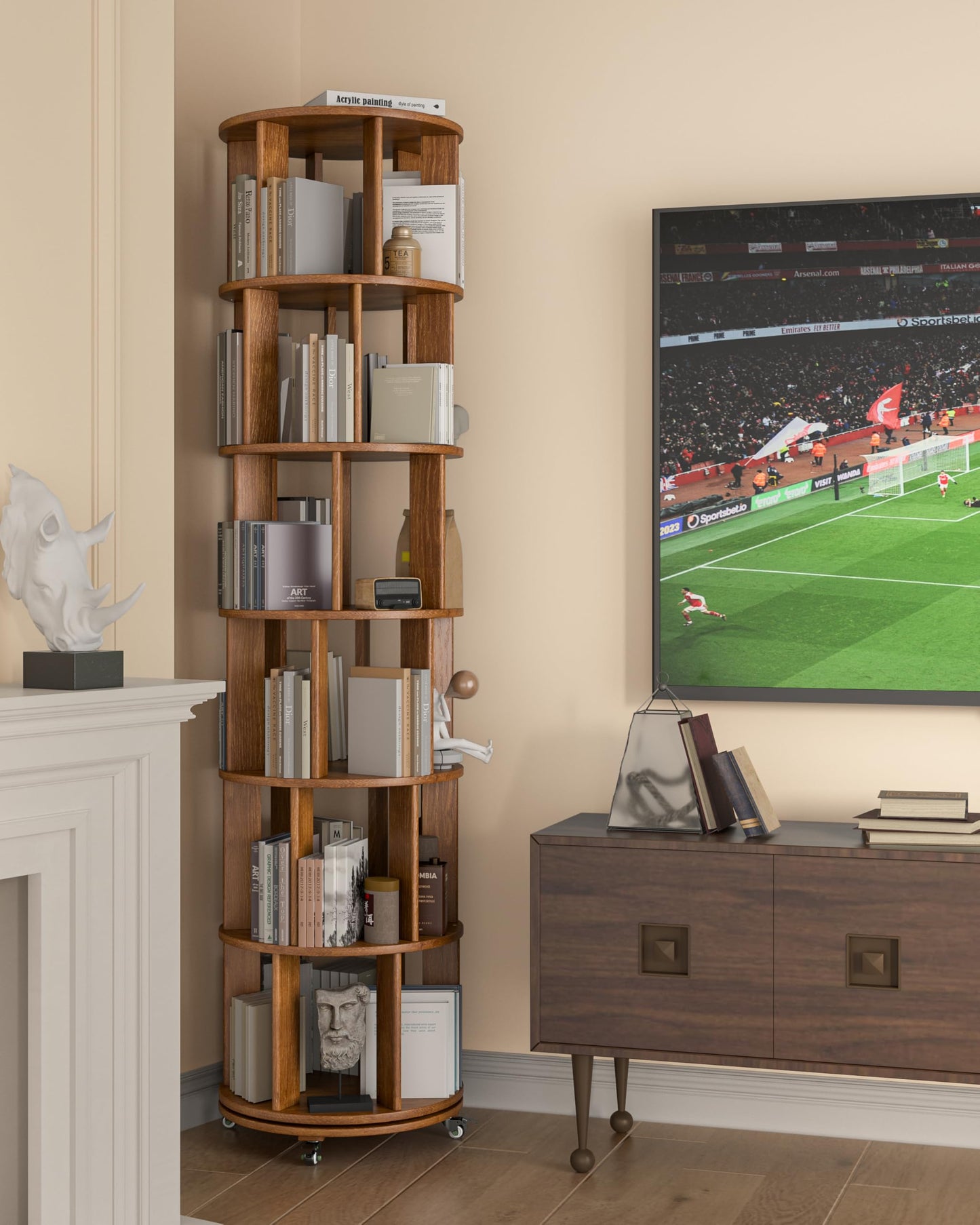 6 Tier Solid Wood Rotating Bookshelf on Wheels — Walnut