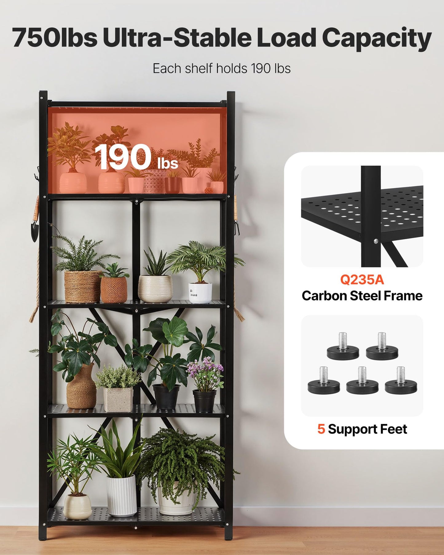 5-Tier Foldable Storage Shelf, 28W x 13D x 66H Inch Folding Metal Rack Shelving Unit