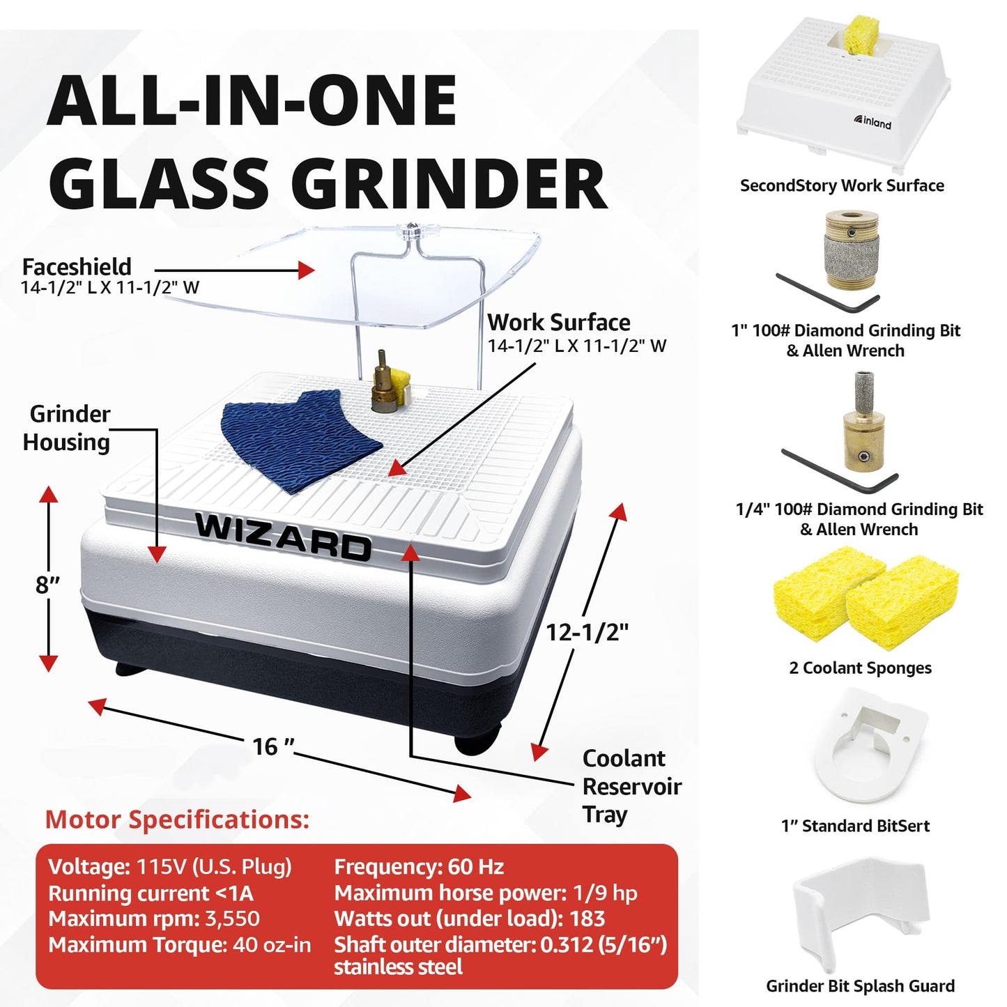 Inland Craft Wizard IV Glass Grinder, Precision Tool for Edging, Shaping & Drilling, Essential Machine for Mosaics, Jewelry & Craft, Includes 2 Diamond Grinding Bits, Portable and Durable, 115V Only