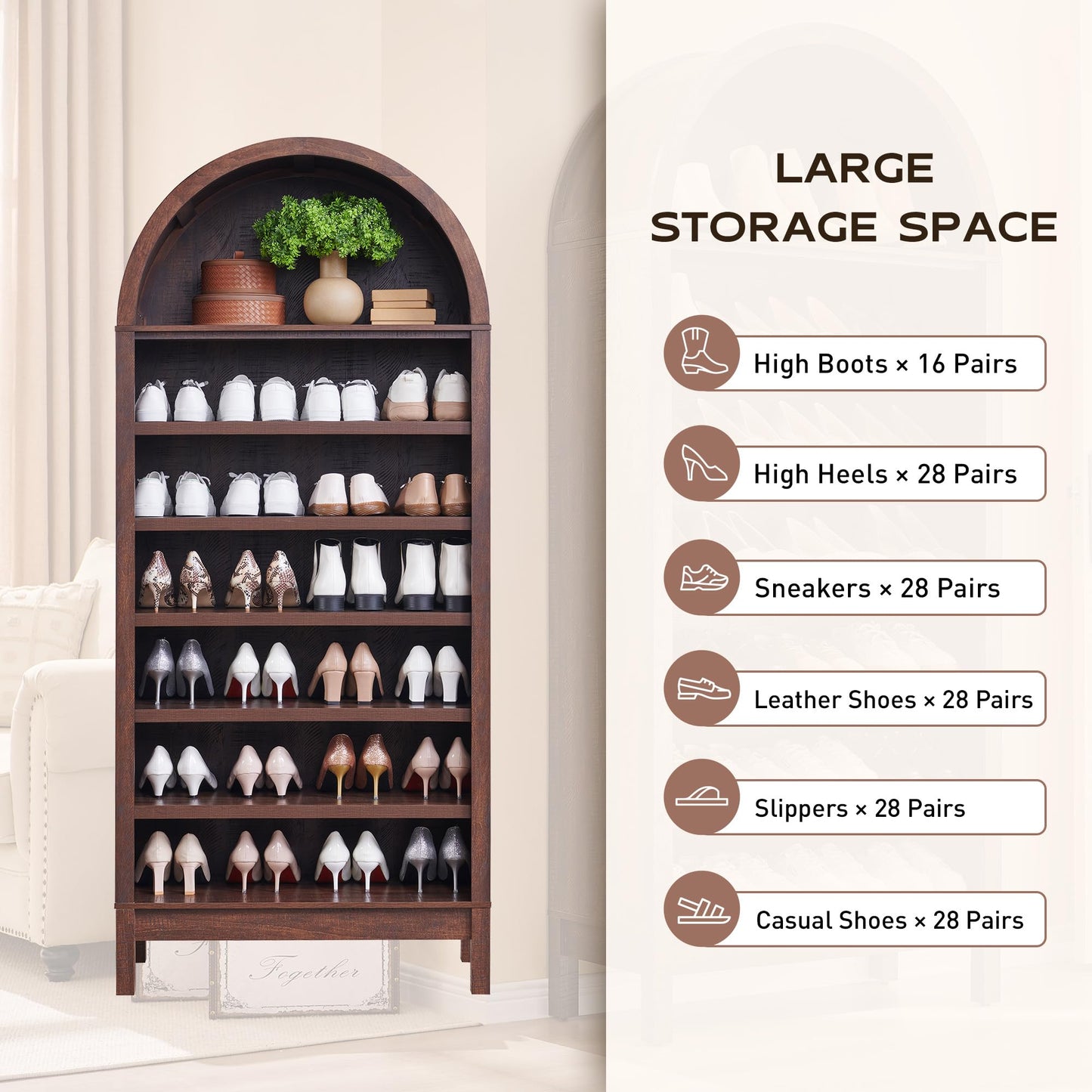 71" Tall Arched Bookshelf, 7 Tiers Arch Bookcase with Storage