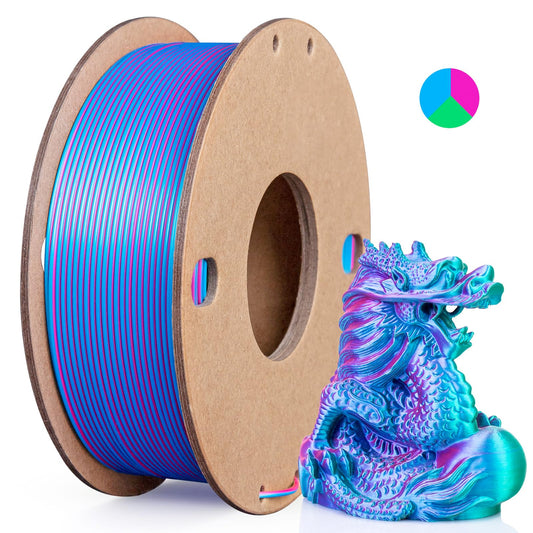 Silk PLA 3D Printer Filament- Triple Color- Rose Red, Sky Blue, Green