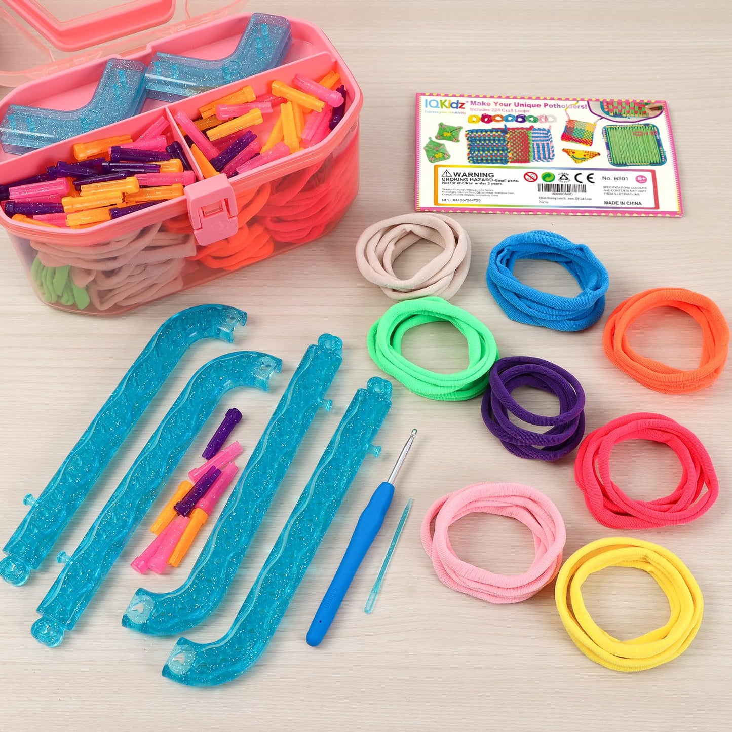 IQKidz Weaving Loom Kit, Easy Potholder Loom Knitting Activity for Beginners, 224 Craft Loops