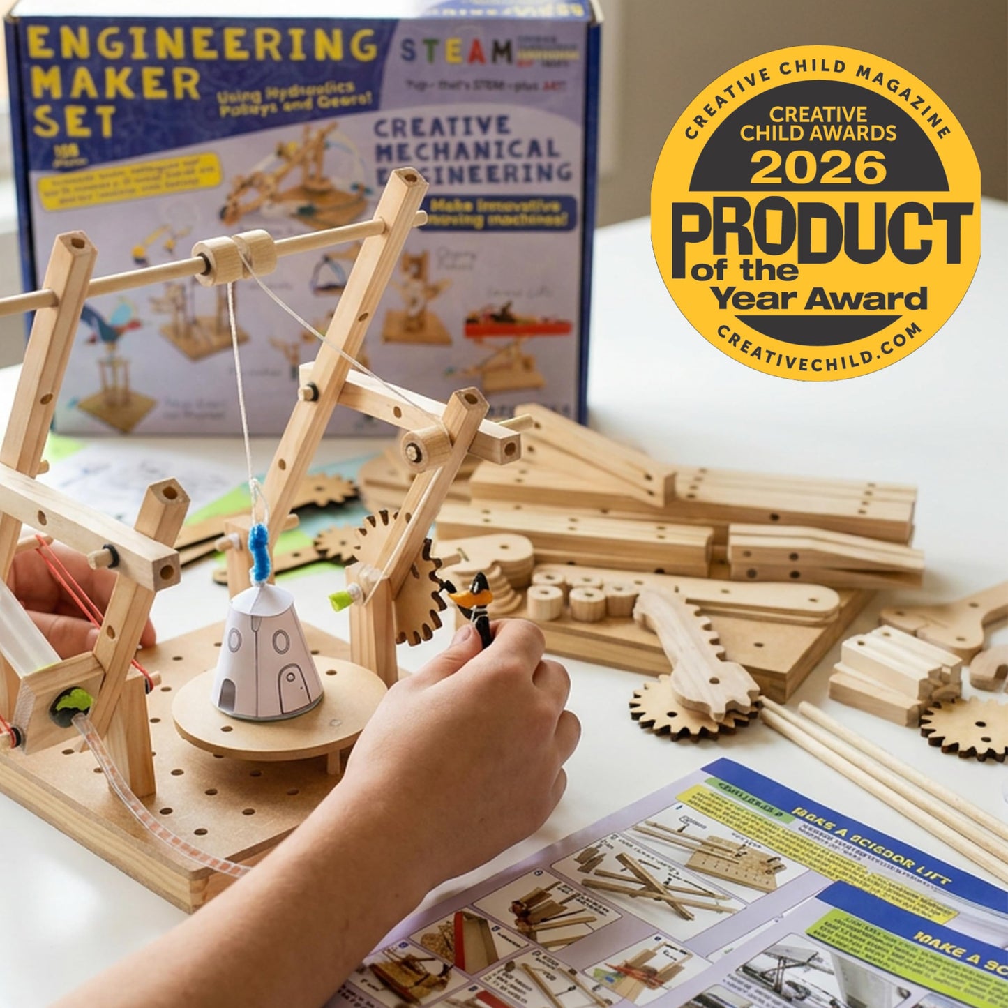 PATHFINDERS Engineering Maker Set — Real Wood STEM Building Kit | Hydraulics, Gears, Levers & Pulleys | 10 Challenges + 15 Challenge Cards