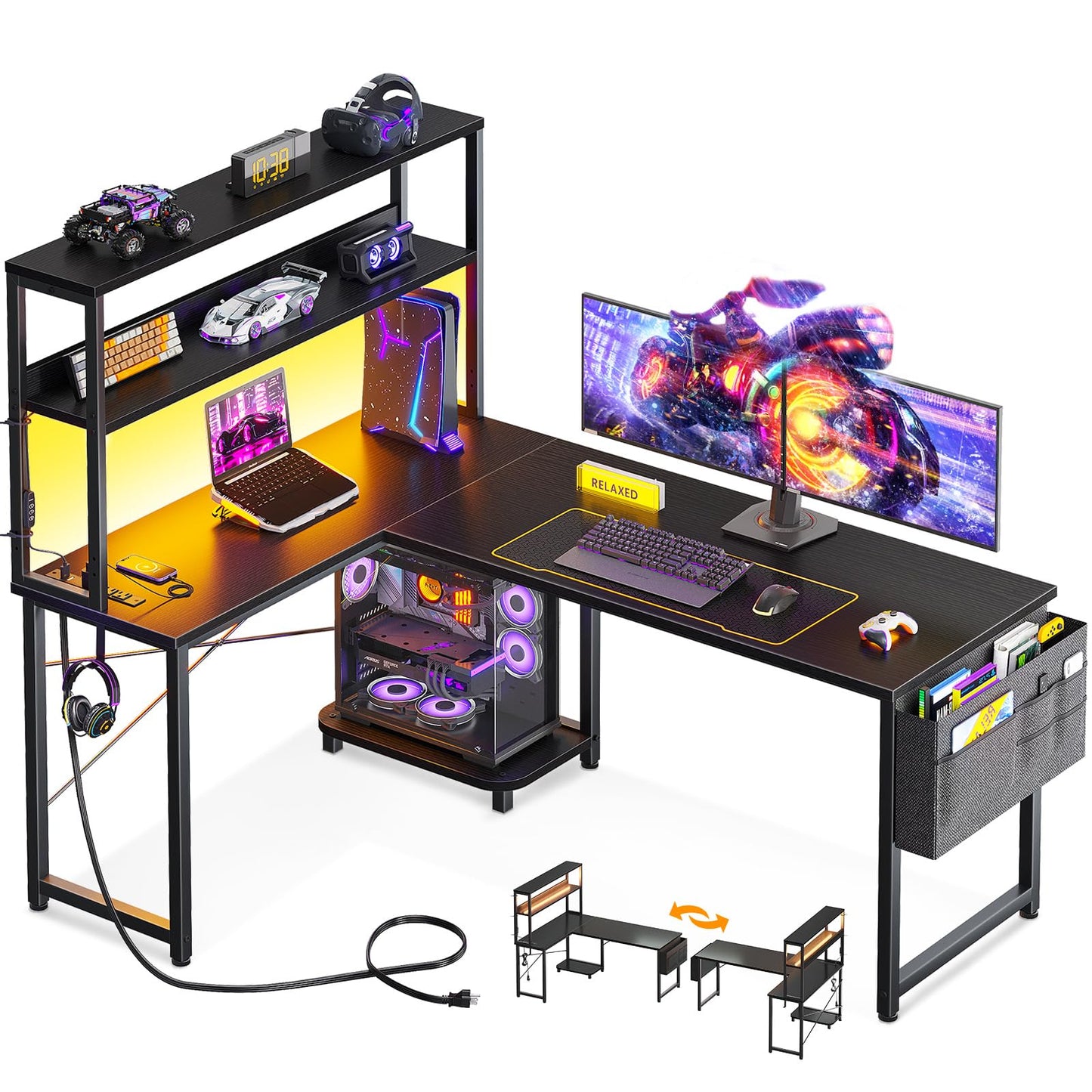 L Shaped Desk with LED Lighting- Black- 53 inch