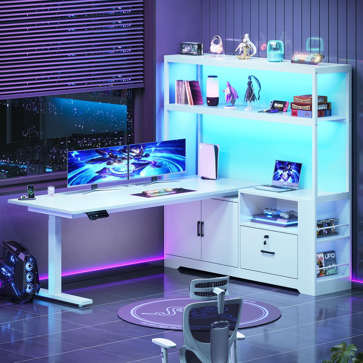 L Shaped Standing Desk, Drawers & Hutch, LED Lights