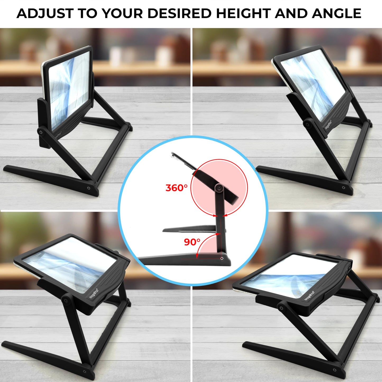 MAGNIPROS Patented 5X Large LED Page Magnifier with Detachable Stand