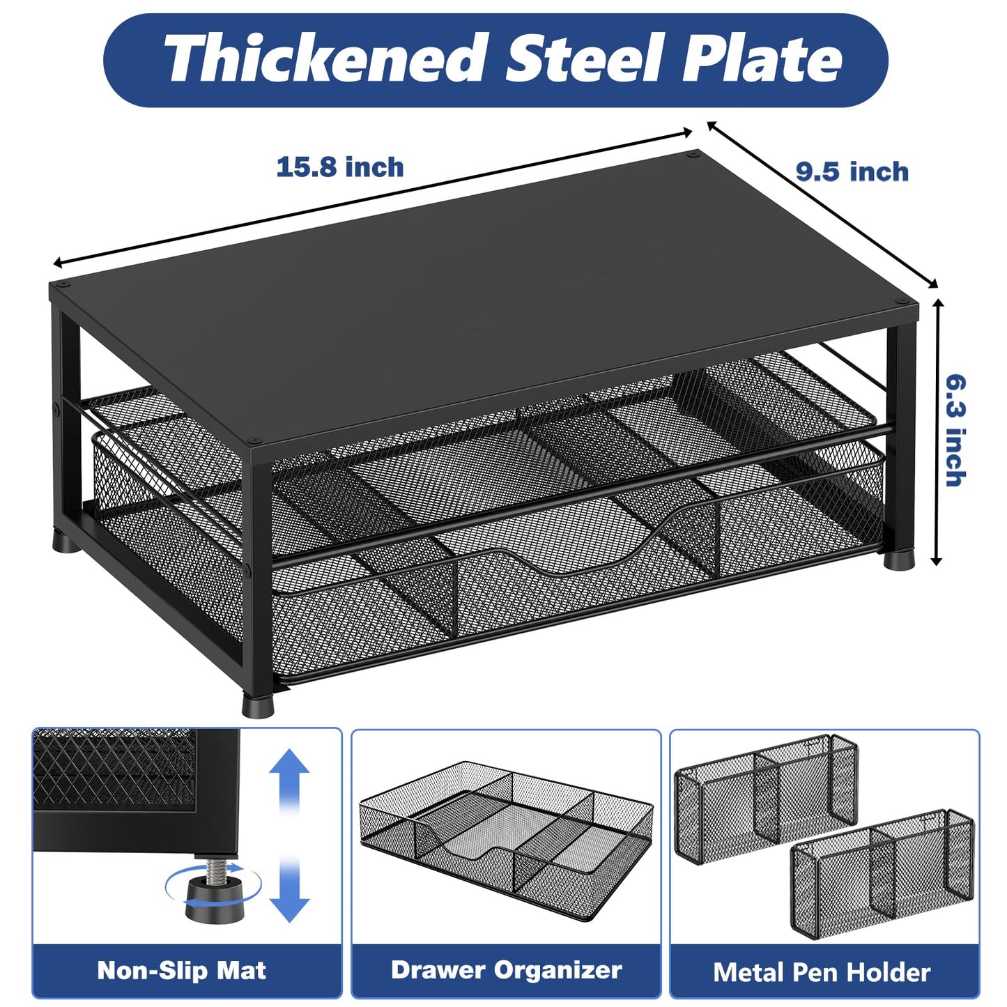OPNICE Desk Organizer and Accessories, 2-Tier Computer Monitor Stand Riser with Drawer and 2 Pen Holders, Laptop Stand, Office Desk Accessories for Office Supplies, Black