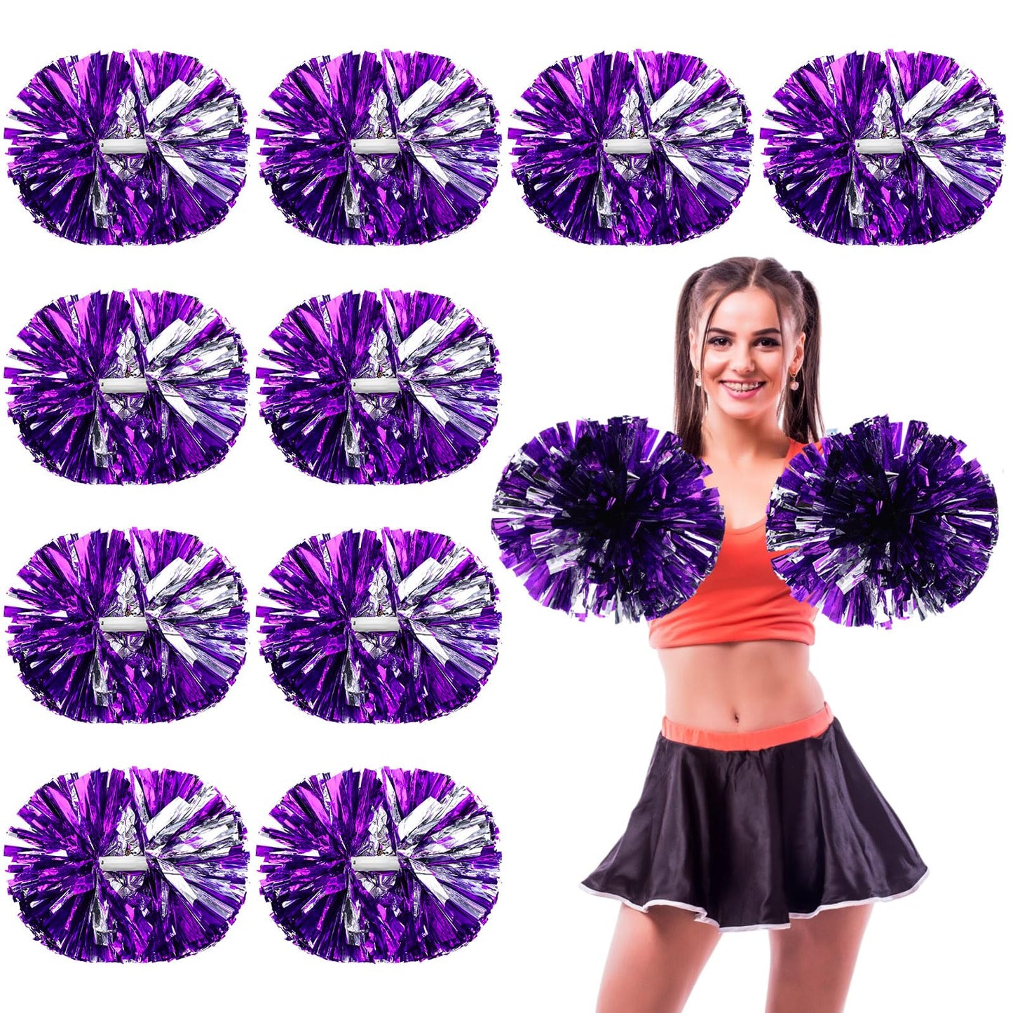 Cheerleading Pom Poms Bulk Metallic Foil Cheerleader with Baton Handle Plastic Ring