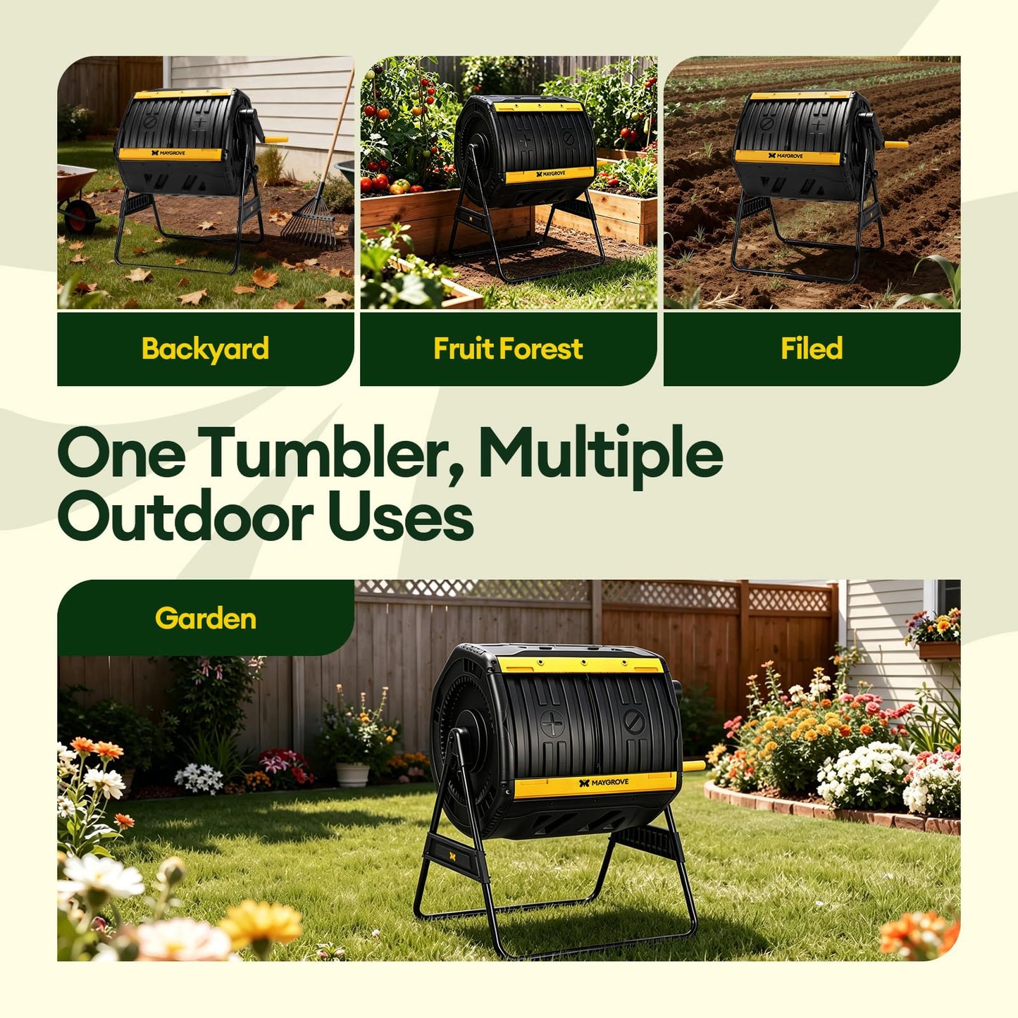 Maygrove Outdoor Compost Bin 53 Gallon, Dual Chamber Large Compost Tumbler