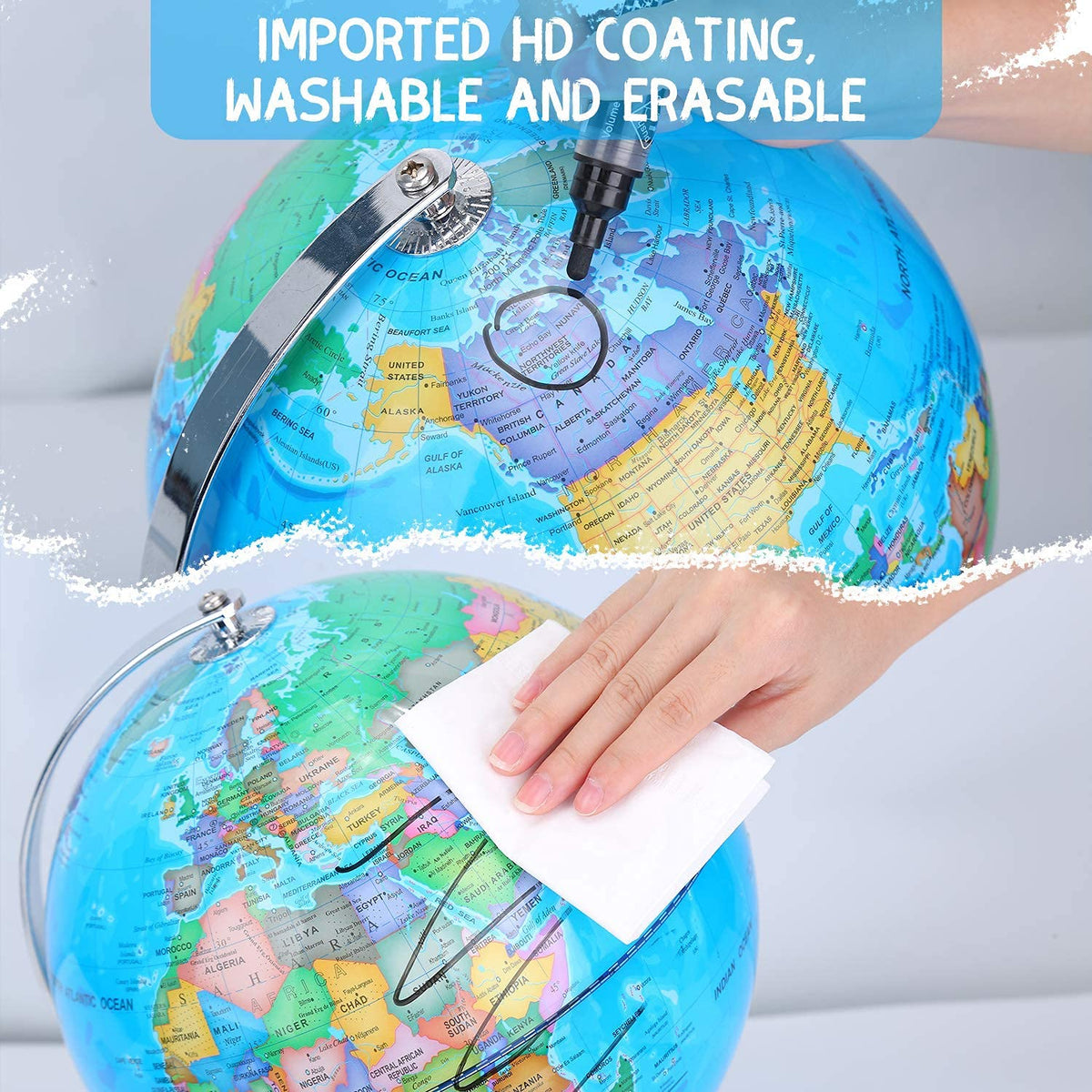 POOCCI 8-Inch Illuminated World Globe for Kids and Adults, Writable Political Map with LED Night Light, Magnifying Glass and Marker, Educational Globe for Home and Classroom
