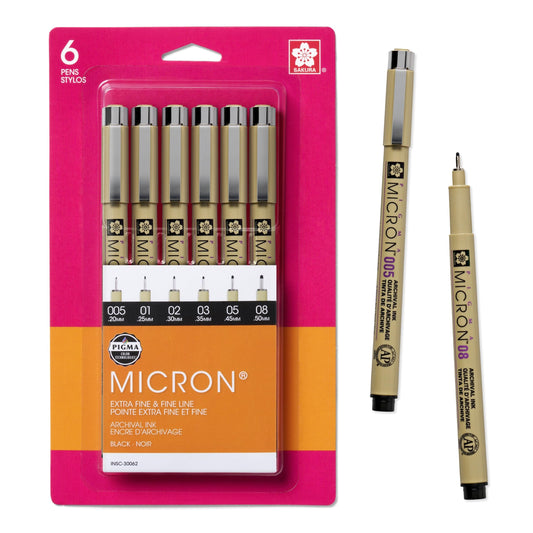 SAKURA Pigma Micron Fineliner Pens - Archival Black Ink Pens- 6 Pack