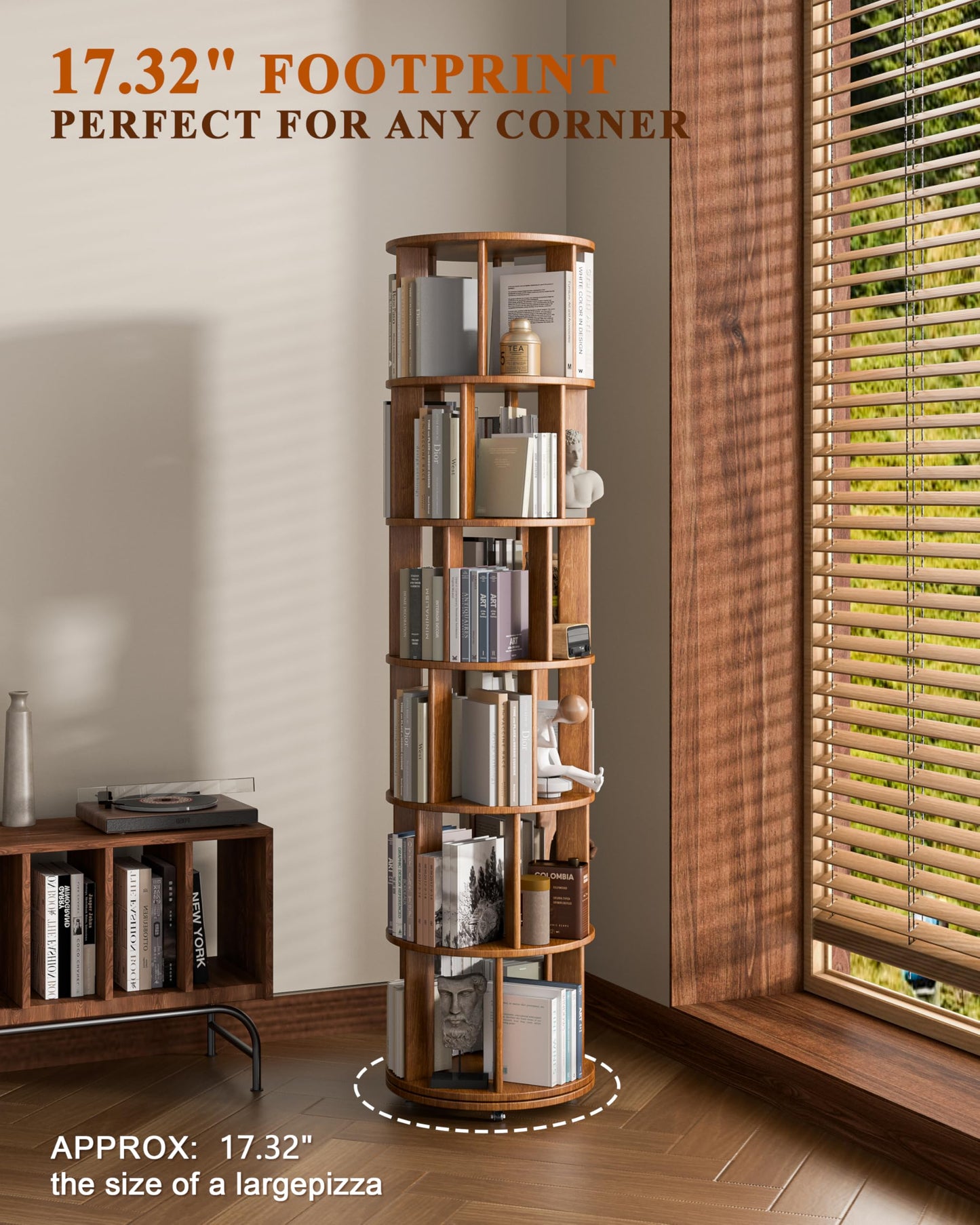 6 Tier Solid Wood Rotating Bookshelf on Wheels — Walnut