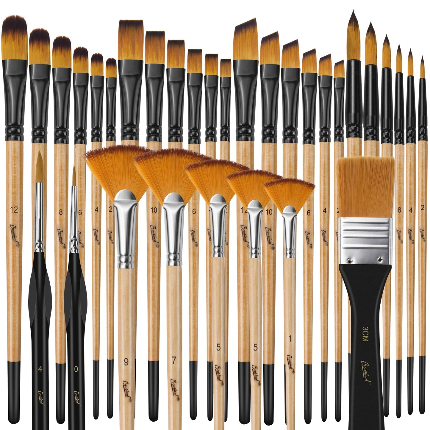 Bougimal 32 Pcs Paint Brush Set, Artist Paint Brushes for Acrylic Painting, Oil, Watercolor, Gouache, with Flat Round Filbert Fan Angle Detail Brush, Suitable for Artists and Beginners
