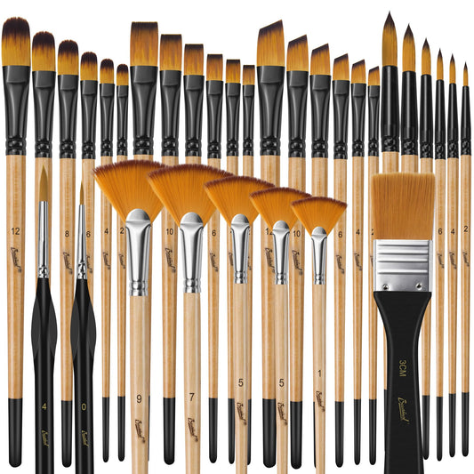 Bougimal 32 Pcs Paint Brush Set, Artist Paint Brushes for Acrylic Painting, Oil, Watercolor, Gouache, with Flat Round Filbert Fan Angle Detail Brush, Suitable for Artists and Beginners