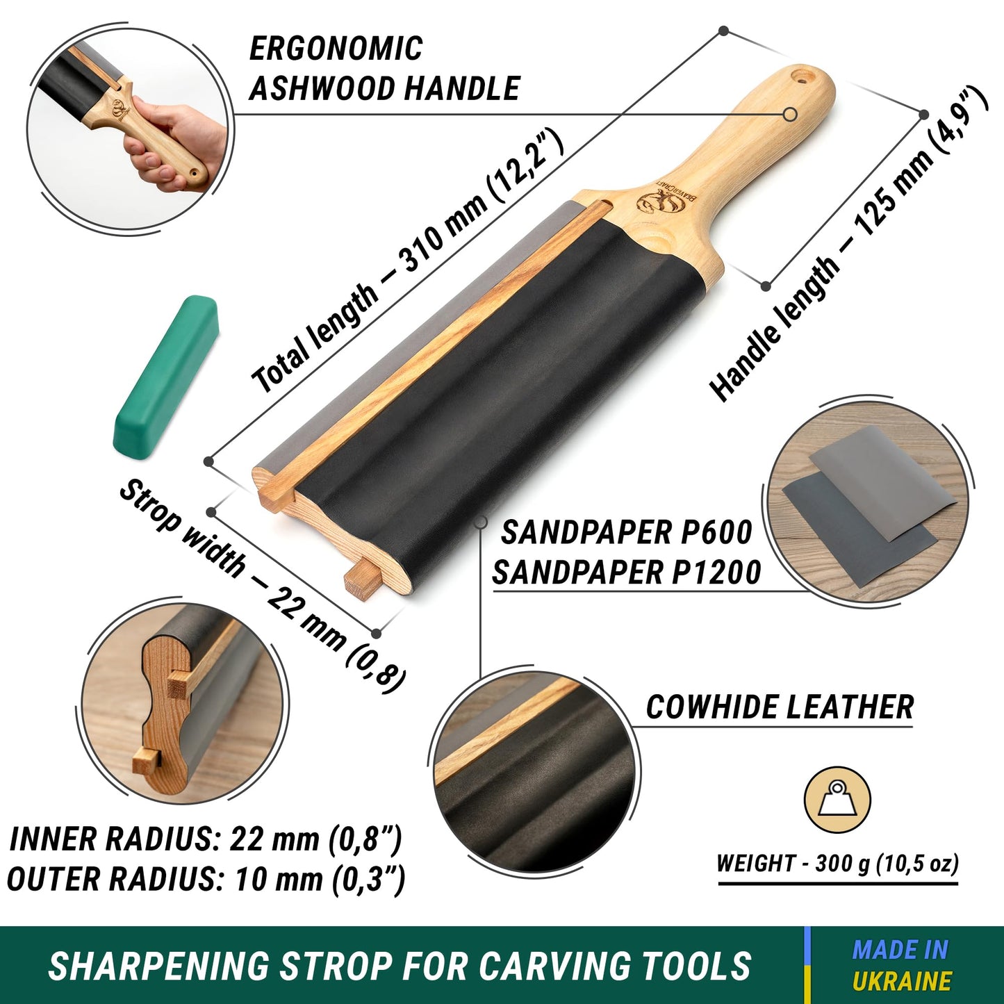 Wood Carving Strop Wood Carving Gouge Hook Knife Sharpening Honing Tools Strop Stropping Kit Leather Paddle Strop Spoon Carving Tools Sharpening Kit Sharpener with Polishing Compound