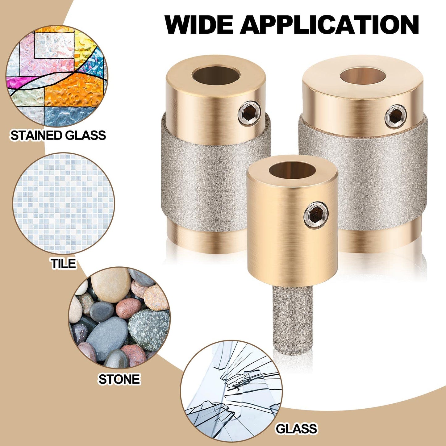 Glass Grinder Bits - Diamond Drill Set, 3 Sizes (1 Inch, 3/4 Inch, 1/4 Inch) for Stained Glass Tools