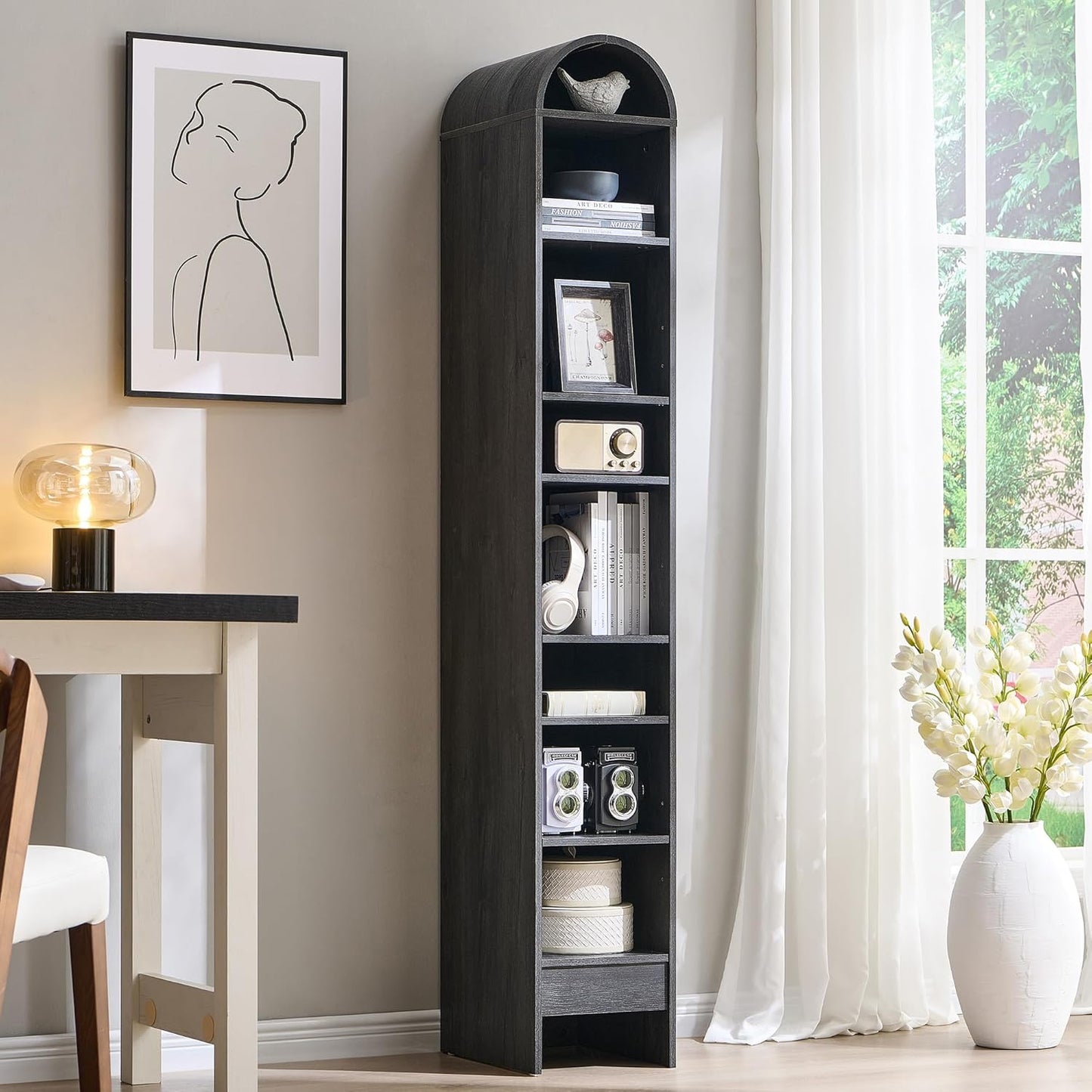 Narrow- 67" Tall Arched Bookshelf, 8 Tiers Arch Bookcase with Storage
