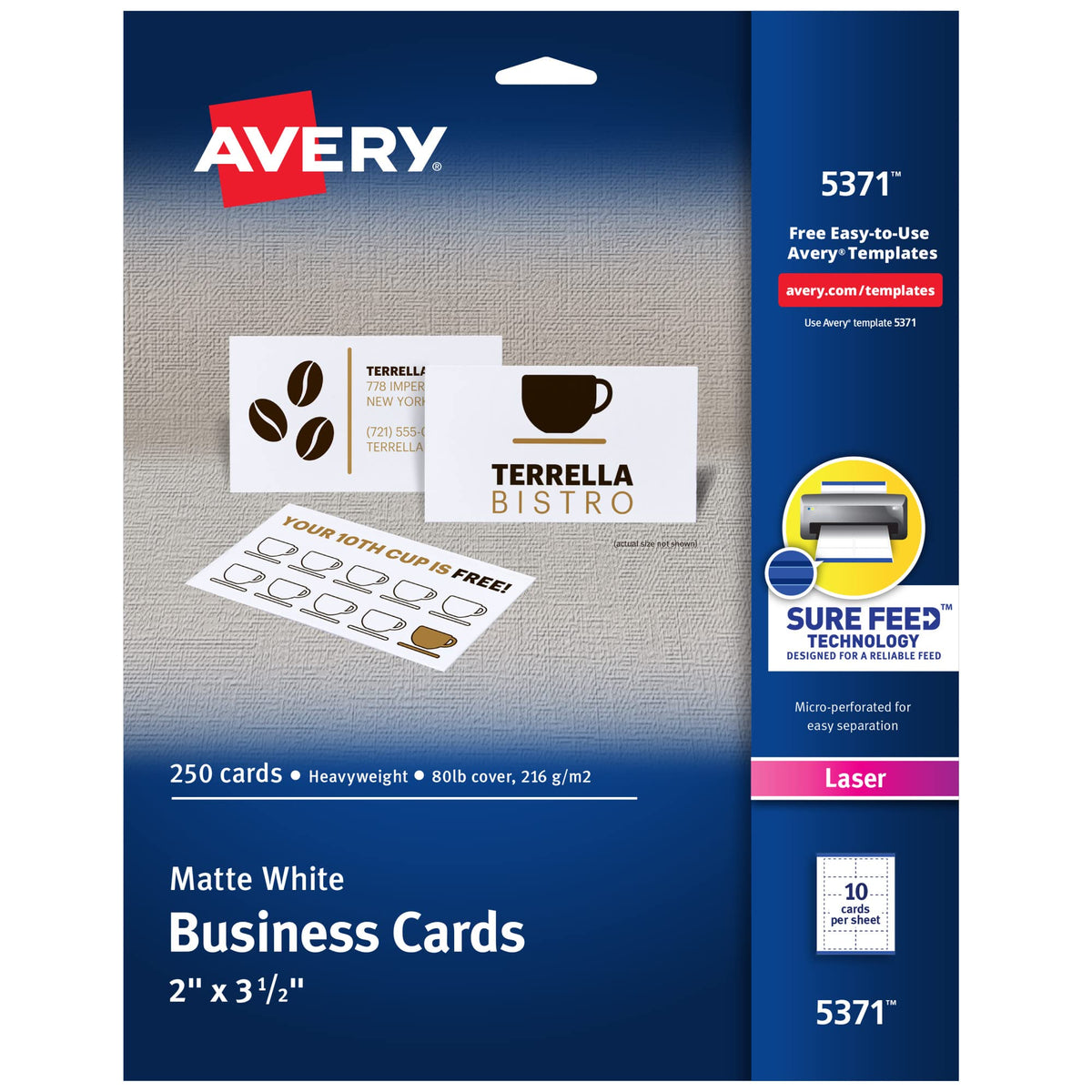 Avery Printable Business Cards with Sure Feed Technology, 2" x 3.5", White, 250 Blank Cards