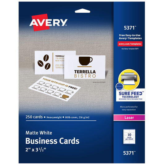 Avery Printable Business Cards with Sure Feed Technology, 2" x 3.5", White, 250 Blank Cards