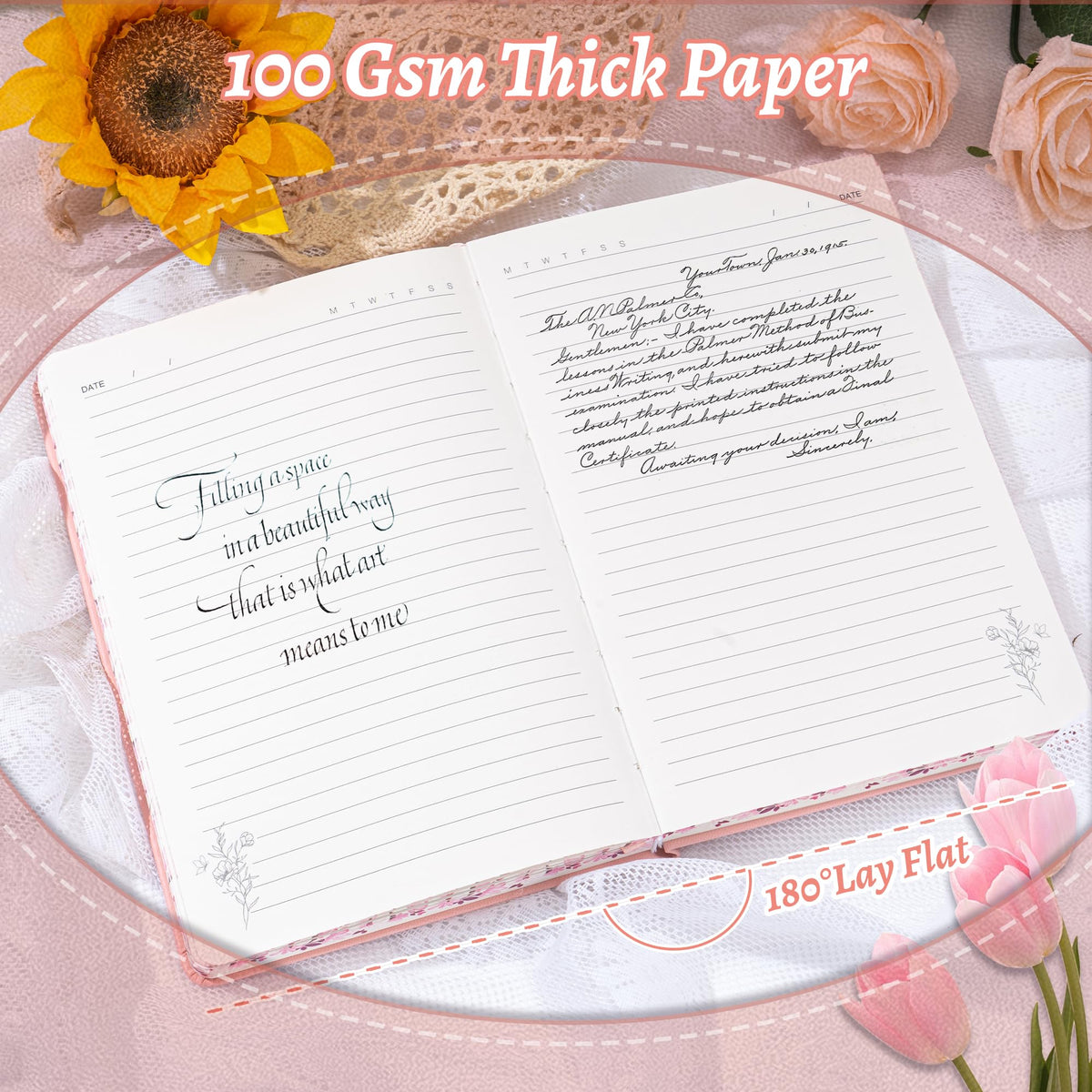 MINICAGIE Lined Floral Journal Notebook A5, pink