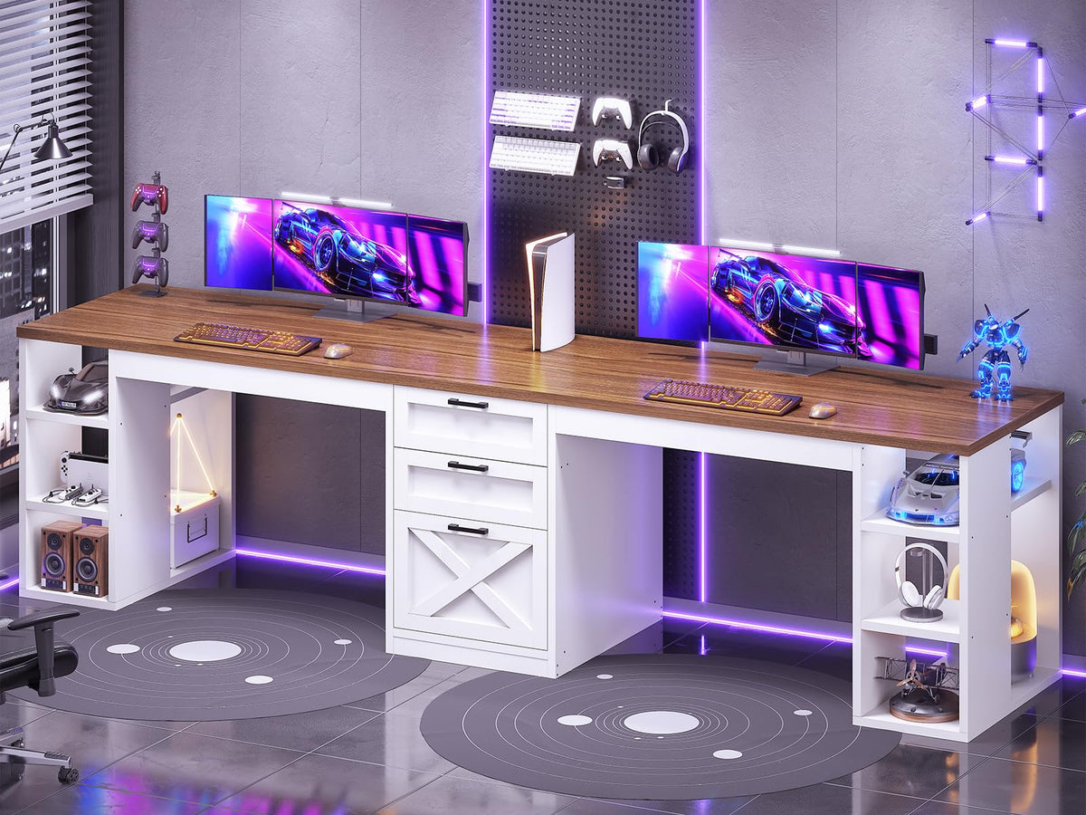 SEDETA Farmhouse 96.5" 2 Person Computer Desk with Storage Drawers