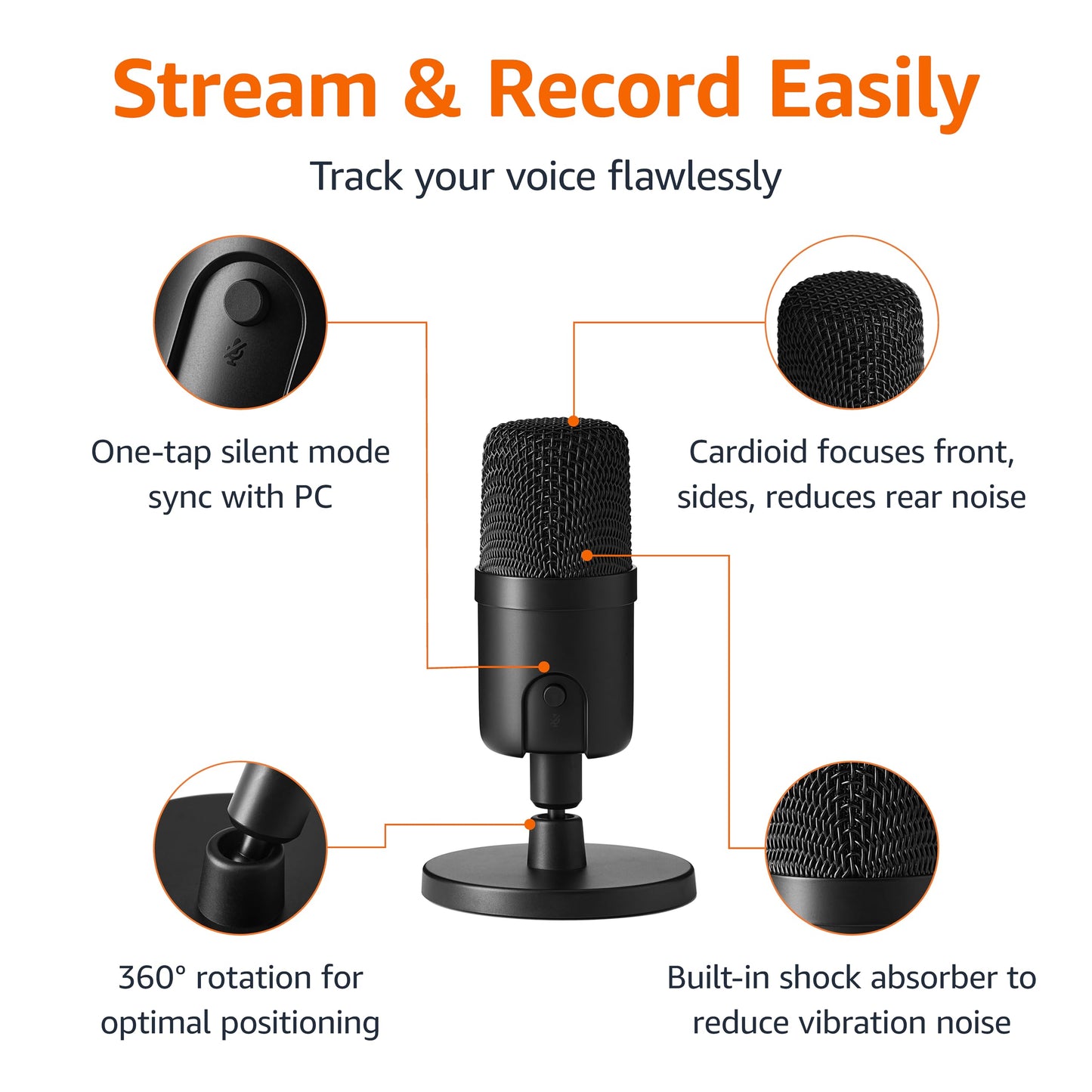 Microphone for PC, 360° Adjustable Stand, Plug and Play, 5.8" x 3.4", Black
