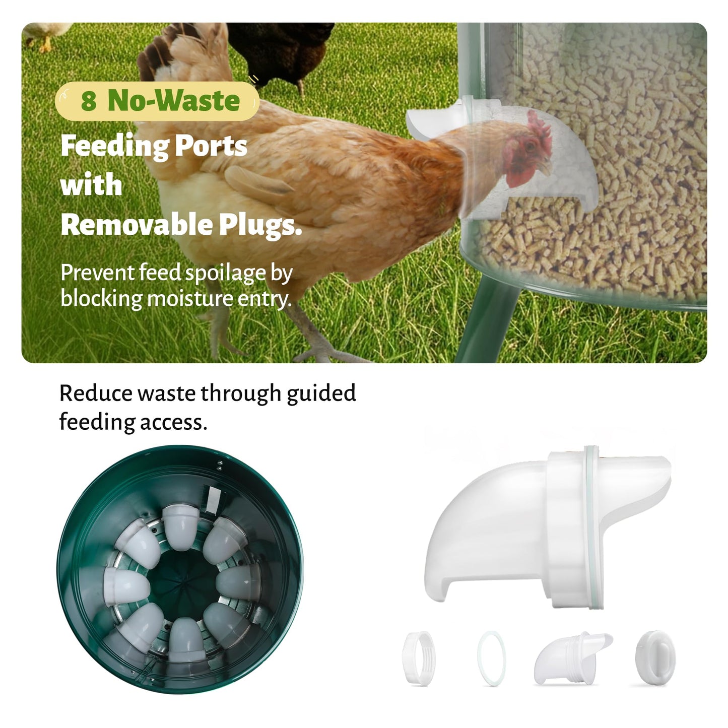 KOL 50 LB Large Free Standing Chicken Feeder, Portable Gravity Chicken Feeder Automatic, Dispenser, 8 Feeding Ports Poultry Feeder for Chicken Rooster & Hen (Green)