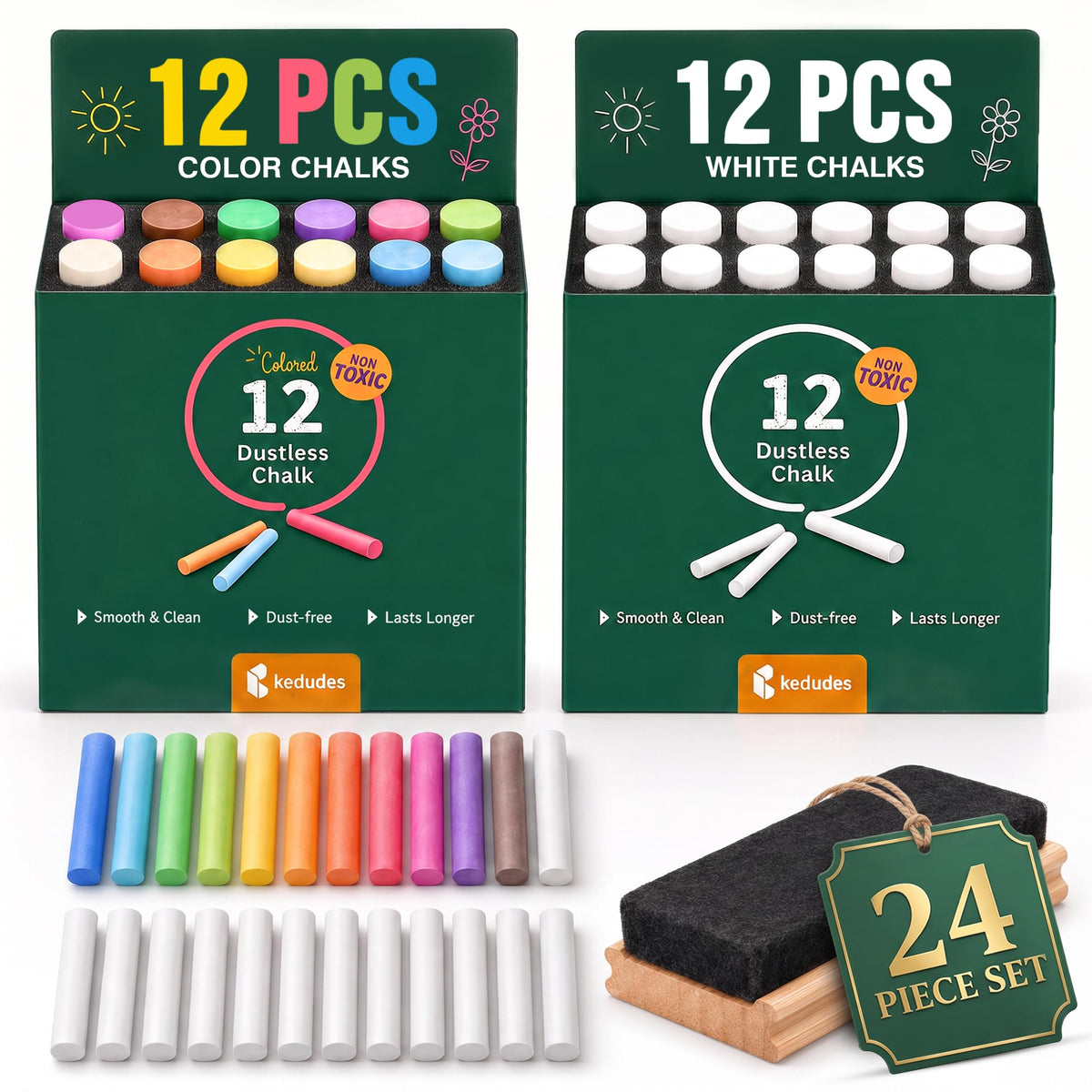 kedudes Dustless Chalk with Eraser, 24pk - 12 Colored Chalkboard Chalks and 12 White Chalk