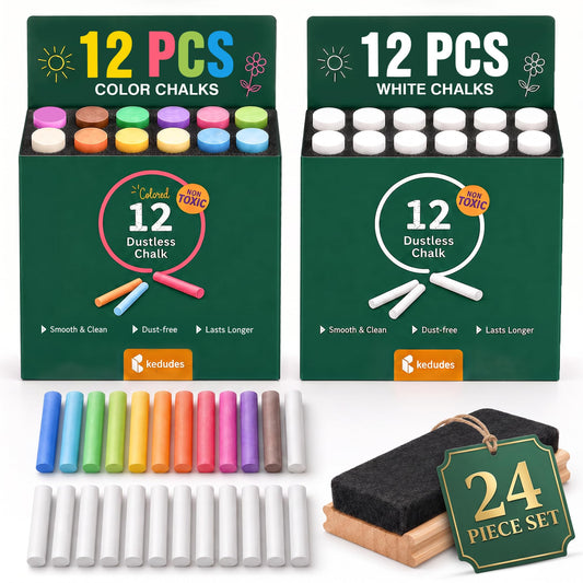 kedudes Dustless Chalk with Eraser, 24pk - 12 Colored Chalkboard Chalks and 12 White Chalk
