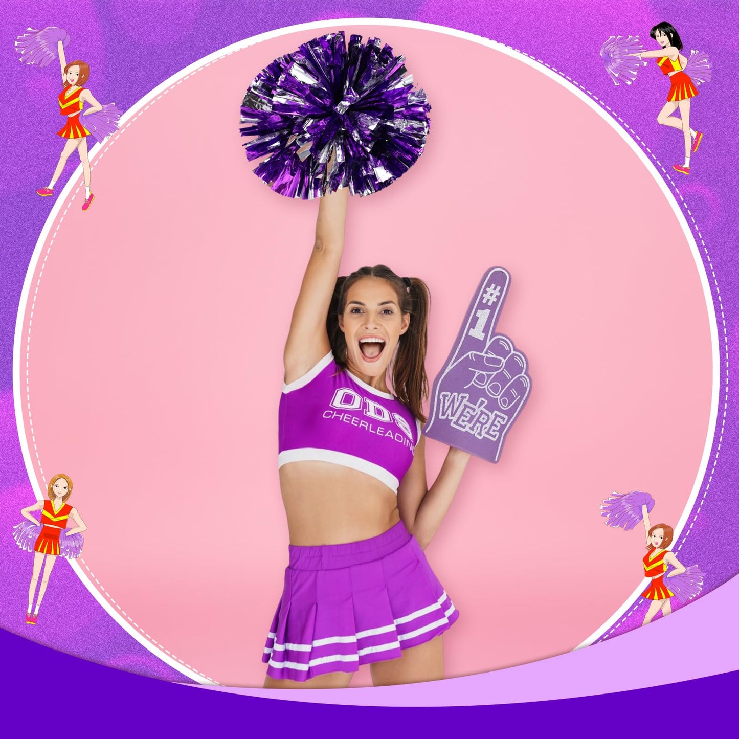 Cheerleading Pom Poms Bulk Metallic Foil Cheerleader with Baton Handle Plastic Ring
