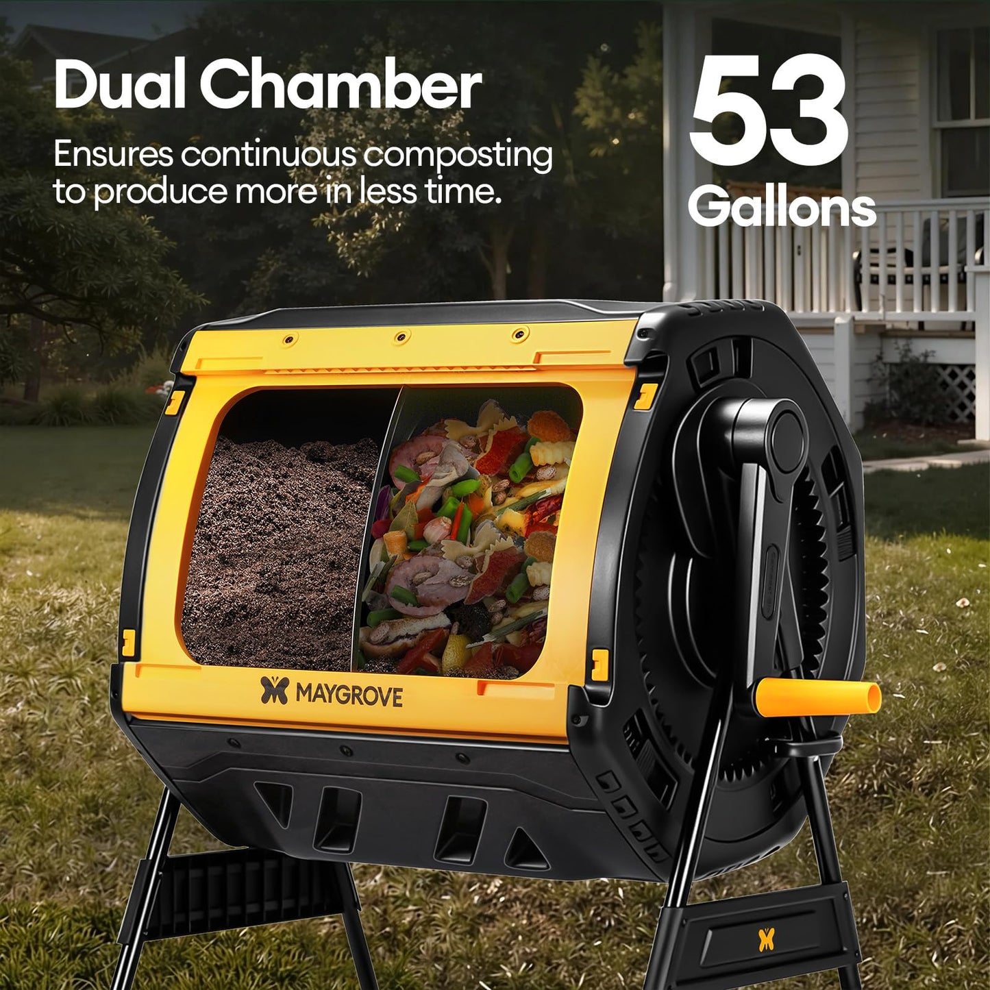 Maygrove Outdoor Compost Bin 53 Gallon, Dual Chamber Large Compost Tumbler