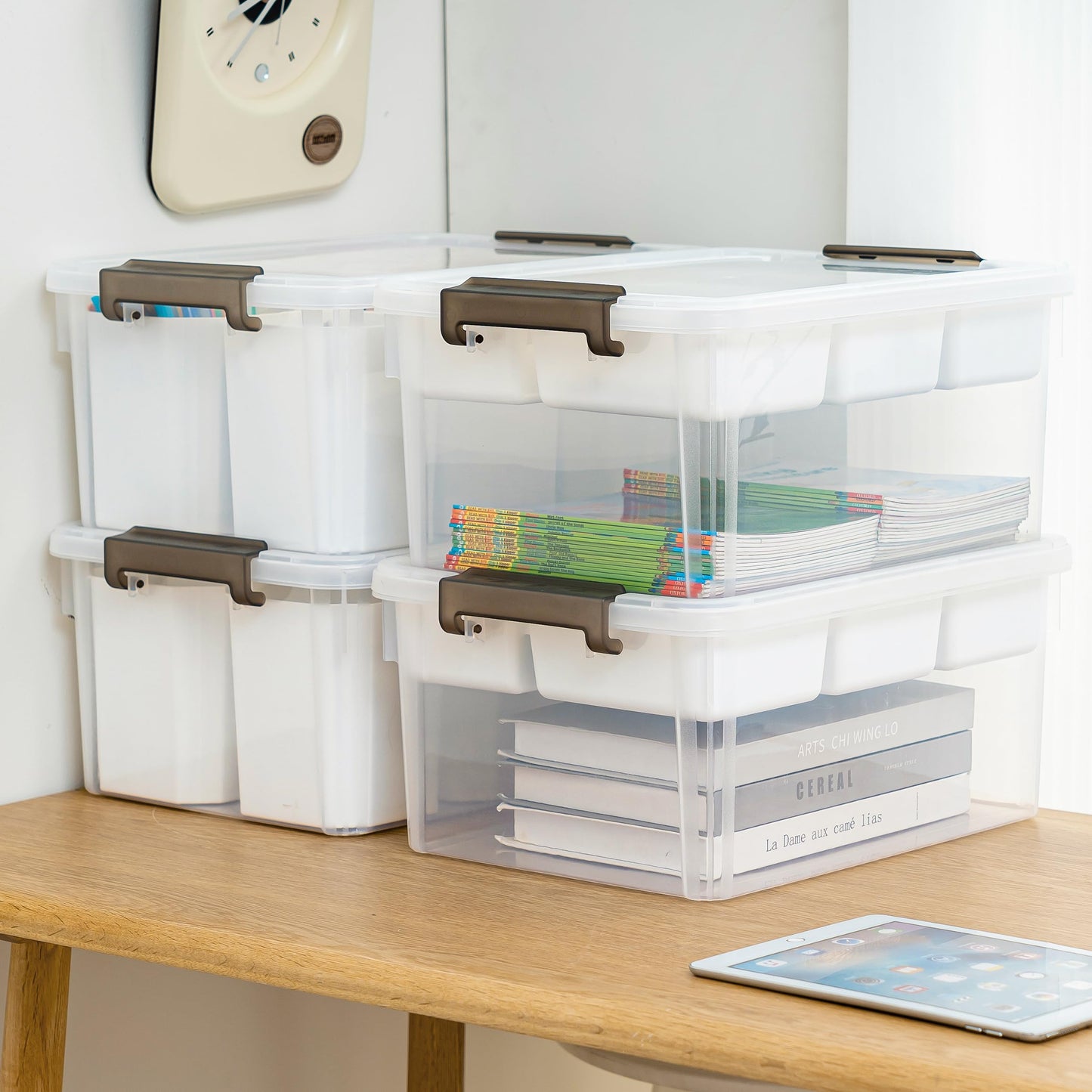 17 QT Plastic Storage Box with Removable Tray and 6 Detachable Tall Inserts, 4 Packs