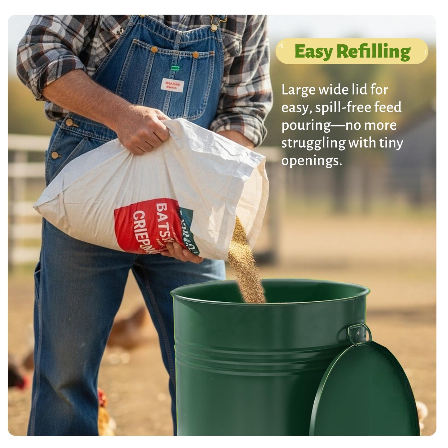 KOL 50 LB Large Free Standing Chicken Feeder, Portable Gravity Chicken Feeder Automatic, Dispenser, 8 Feeding Ports Poultry Feeder for Chicken Rooster & Hen (Green)