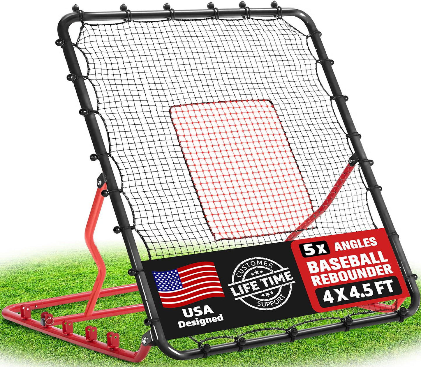 Baseball Rebounder Net, 5 Adjustable Angles 4x4.5FT Pitch Back Baseball Softball Volleyball Rebounder with 2 Strike Zones
